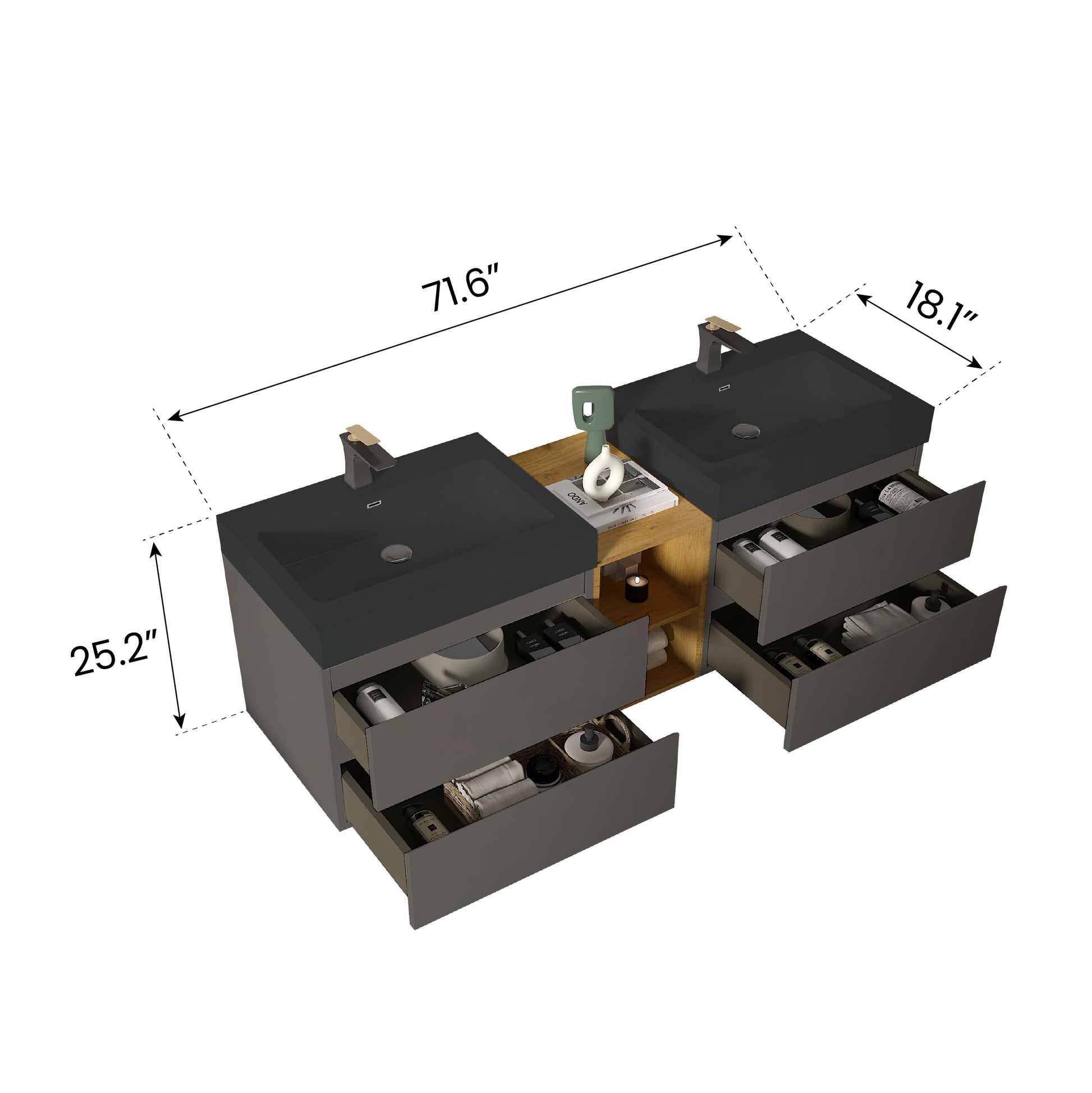 U096 Alice72W 102 Alice 72" Space Gray Bathroom Vanity With Double Sinks And Open Shelf, Modern Wall Mounted Floating Bathroom Vanity, One Piece Sink Basin Without Drain And Faucet Light Gray Bathroom Modern Engineered Wood