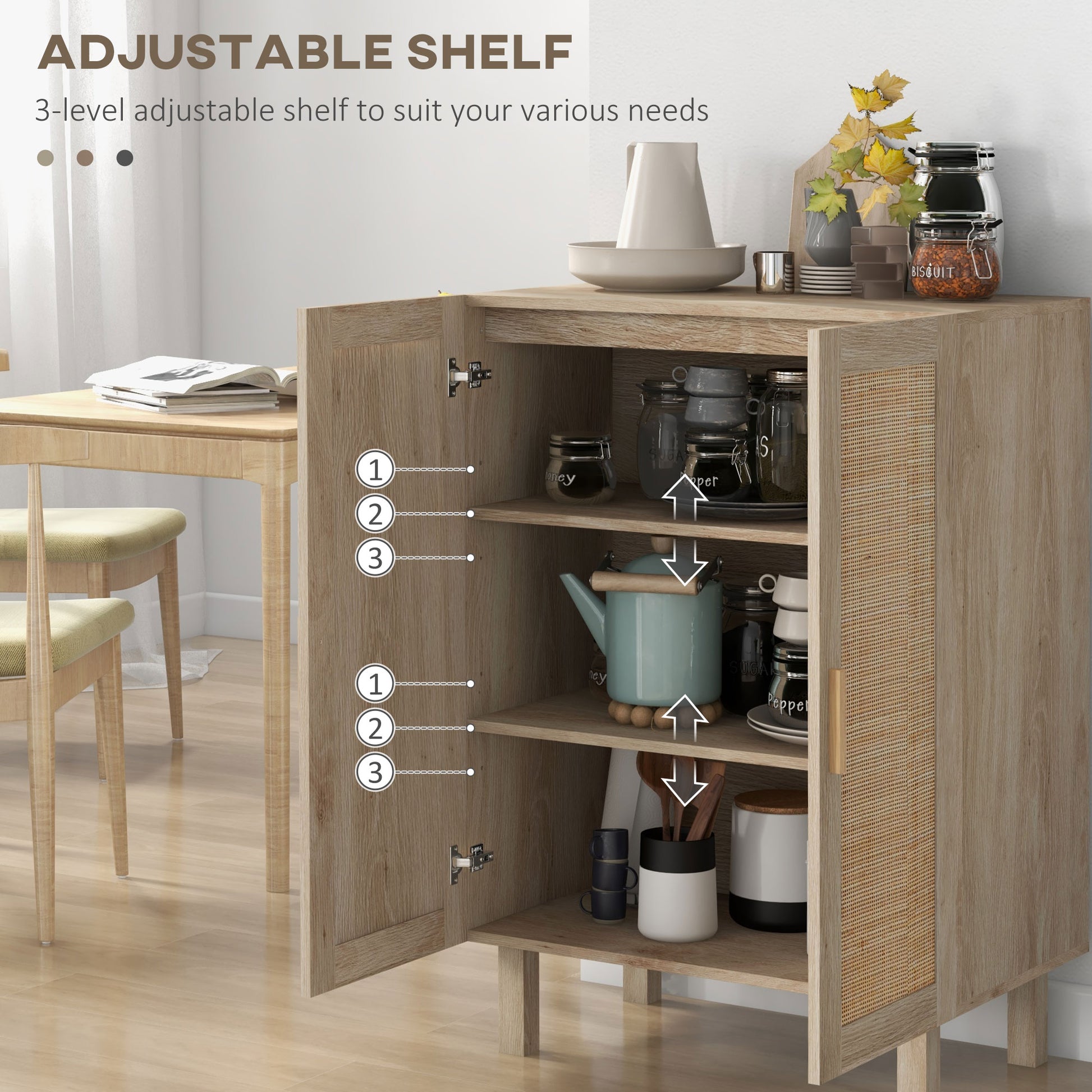 Homcom Sideboard Buffet Cabinet, Kitchen Cabinet, Coffee Bar Cabinet With 2 Rattan Doors And Adjustable Shelves, Natural Natural Wood Particle Board