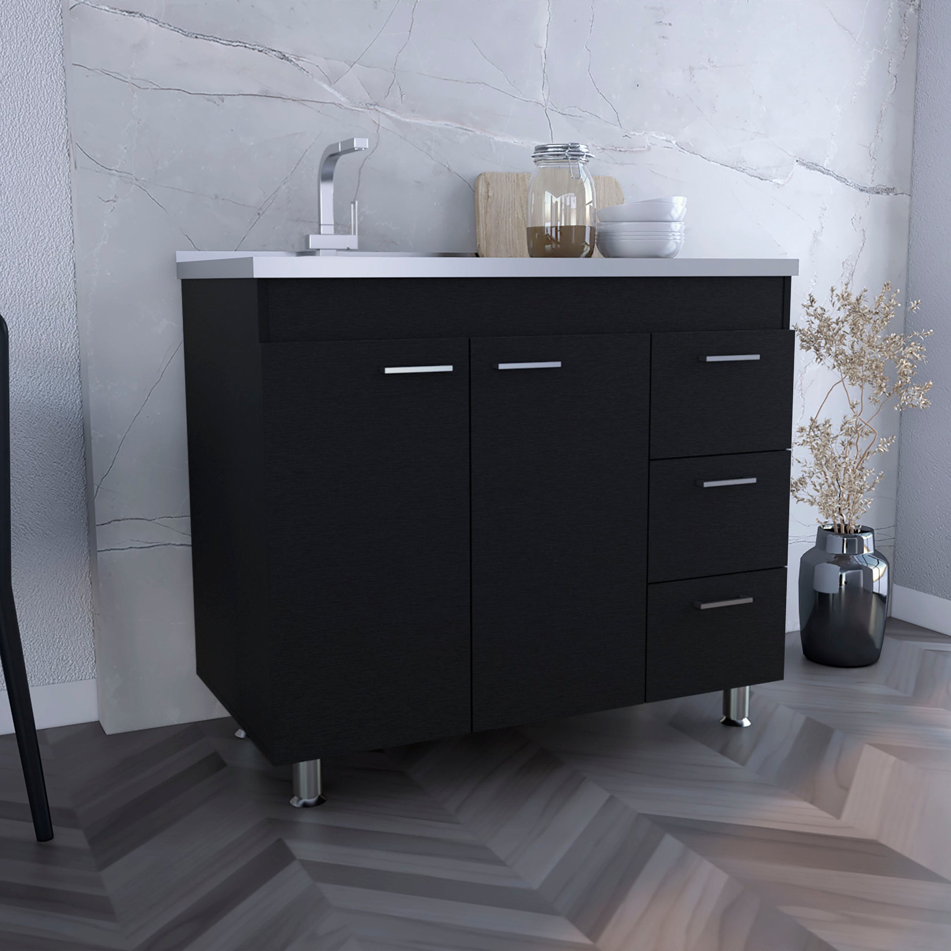Base Double Door Cabinet, Three Drawers, Black Black Solid Wood Mdf Engineered Wood