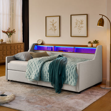 Twin Size Upholstery Sofa Bed With Three Led Lights, With Storage Adjustable Headboard, With Two Storage Pull Up Drawers And Wireless Charging, Linen Padded Sofa Bed Frame, Beige Box Spring Not Required Twin Beige Composite Bedroom Classic Eucalyptus