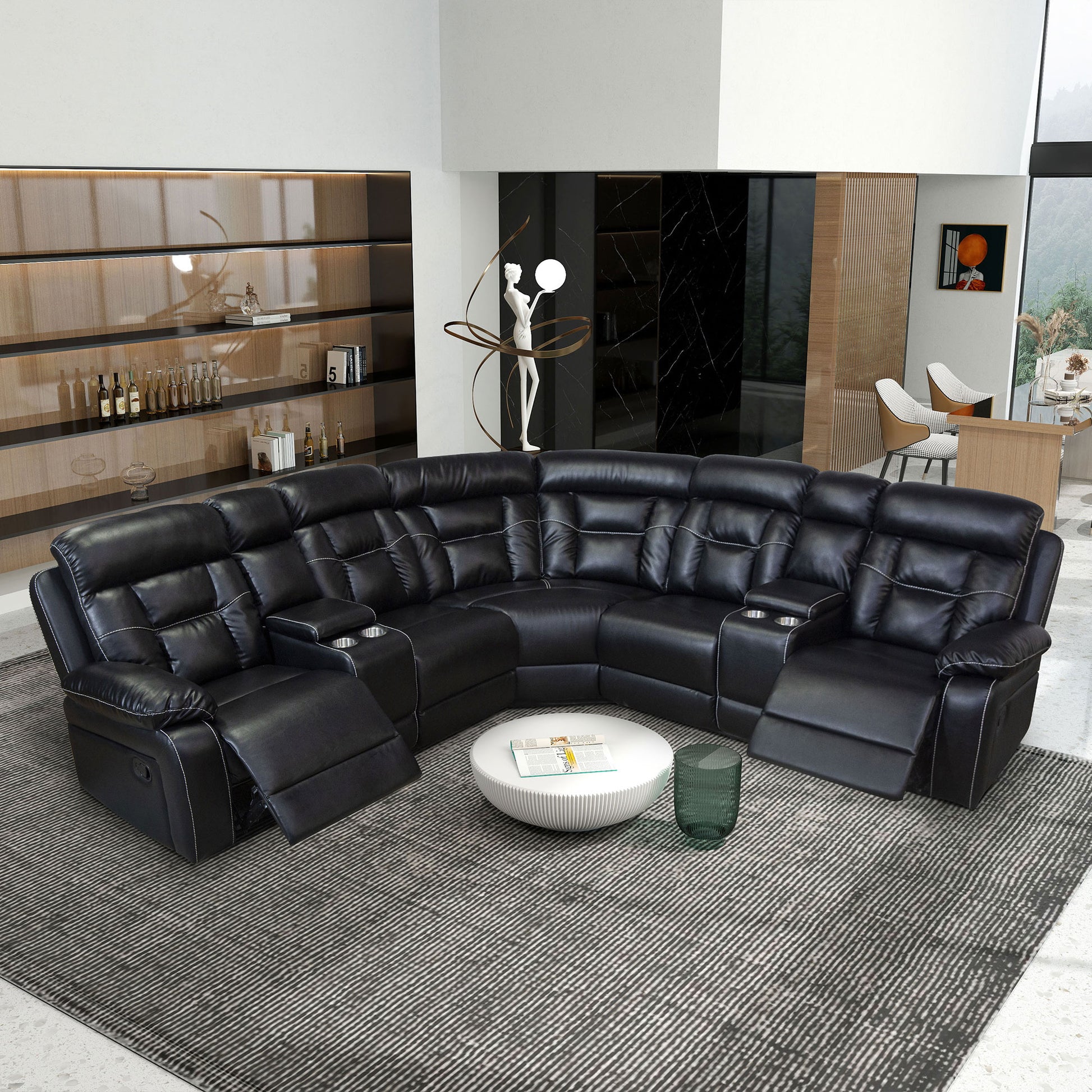 Manual Reclining Sofa Faux Leather Sofa Set Black Black Pu 5 Seat