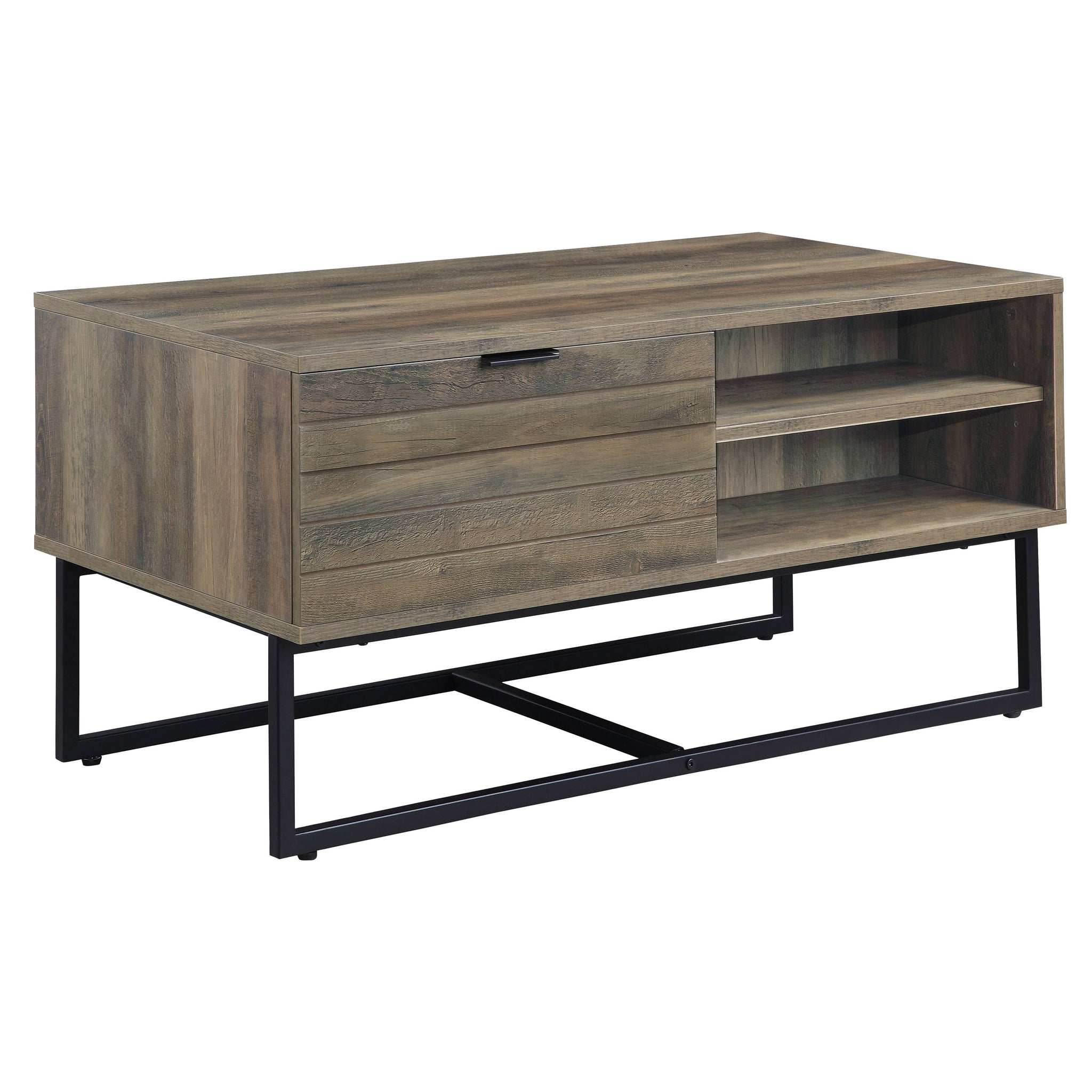 Rustic Oak And Black Coffee Table With Open Storage Rustic Primary Living Space Oak Drawers Rectangular Wood Metal