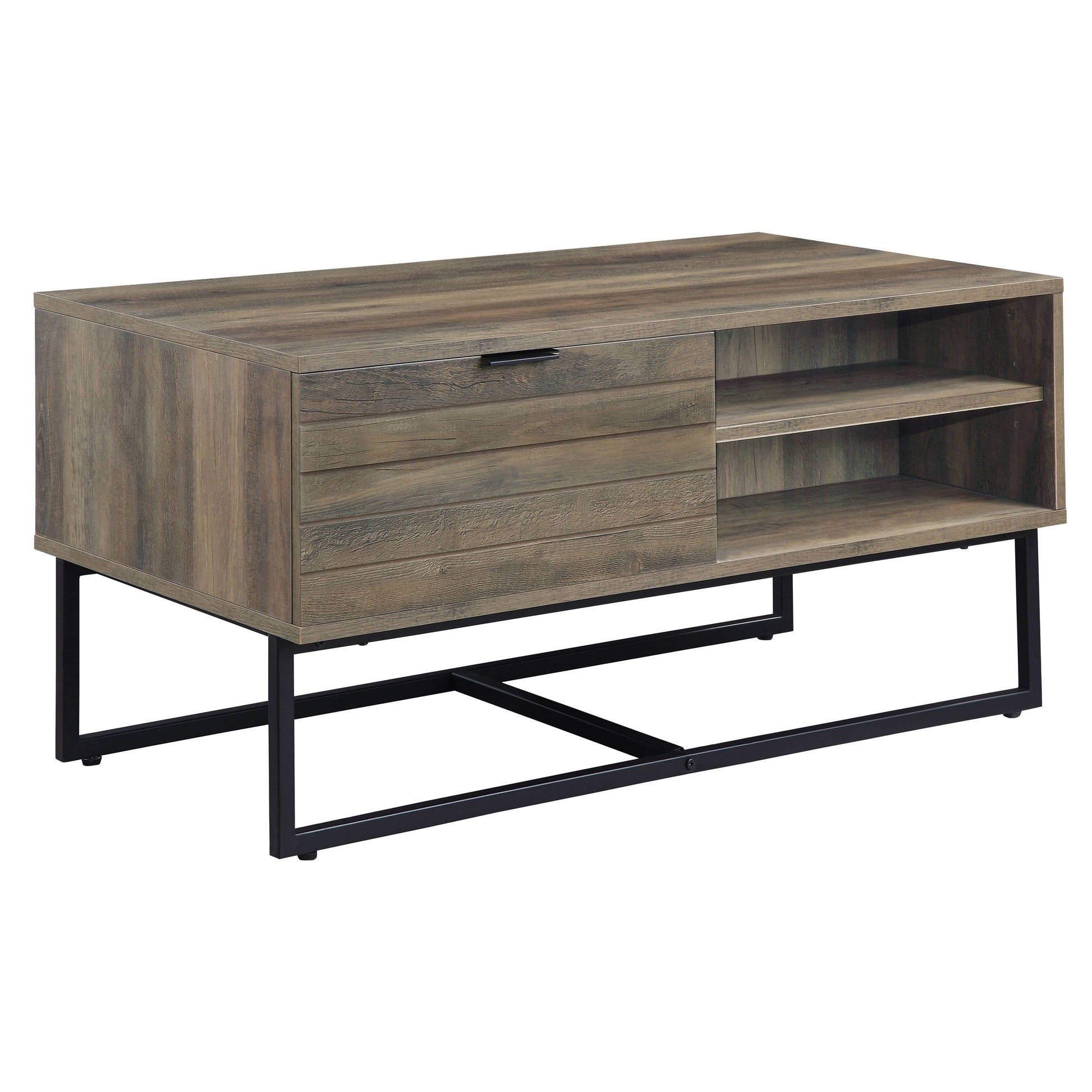 Rustic Oak And Black Coffee Table With Open Storage Rustic Primary Living Space Oak Drawers Rectangular Wood Metal