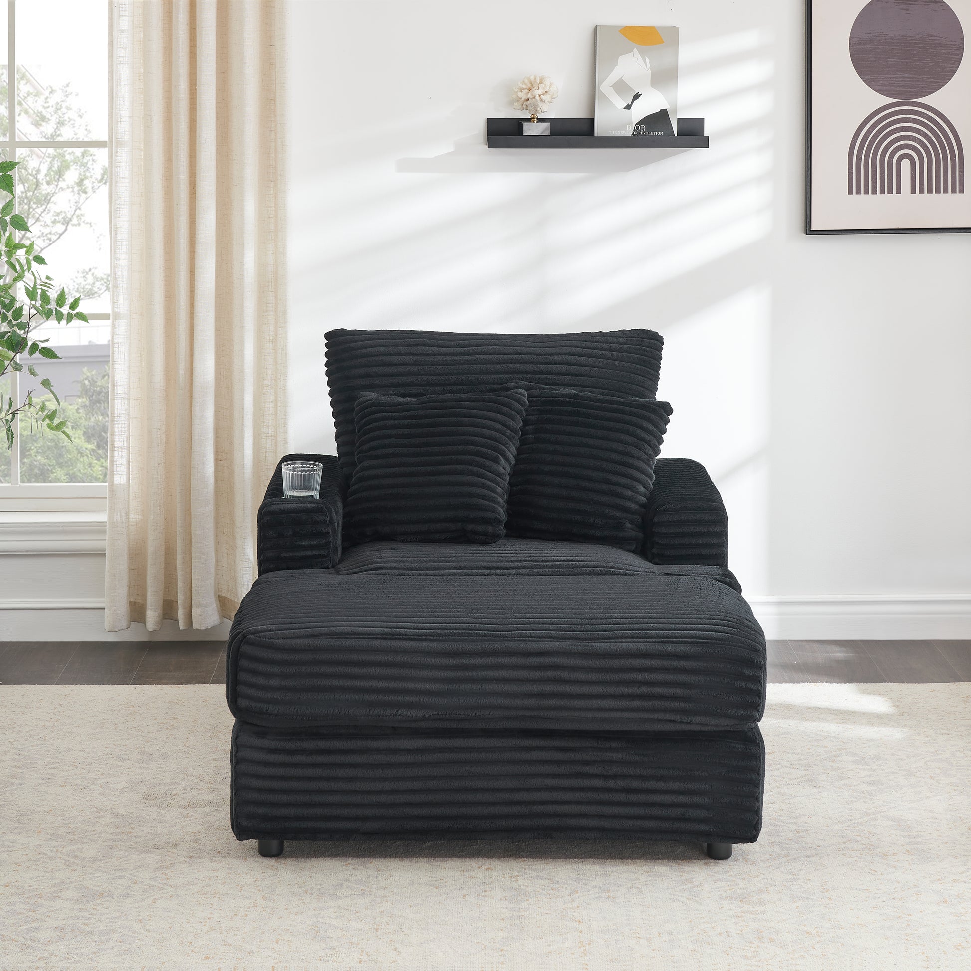 39 Inch Spring Upholstered Armchair And Ottoman Set Comfortable Single Sofa With Cup Holder And Corduroy Fabric, Perfect For Living Room Or Bedroom Black Corduroy 1 Seat