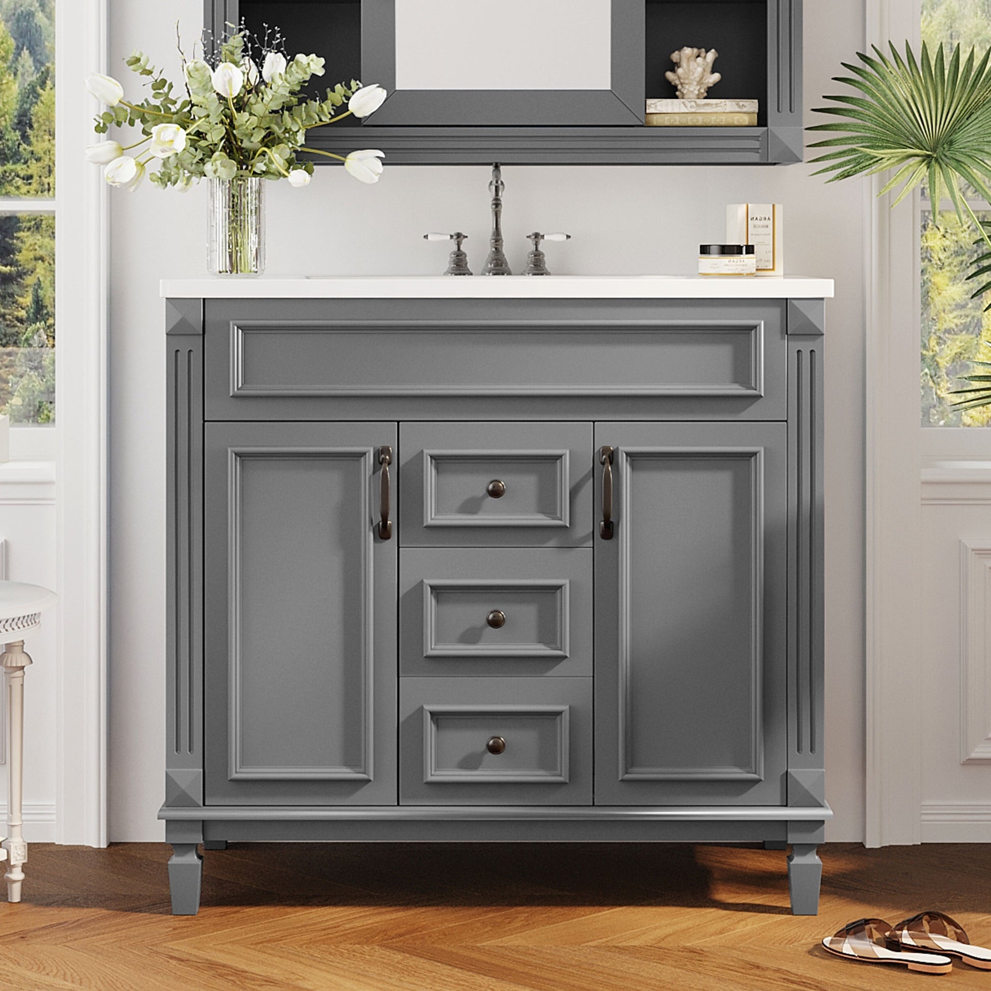 36'' Bathroom Vanity With Top Sink, Modern Bathroom Storage Cabinet With 2 Soft Closing Doors And 2 Drawers, Single Sink Bathroom Vanity Grey Bathroom Mdf