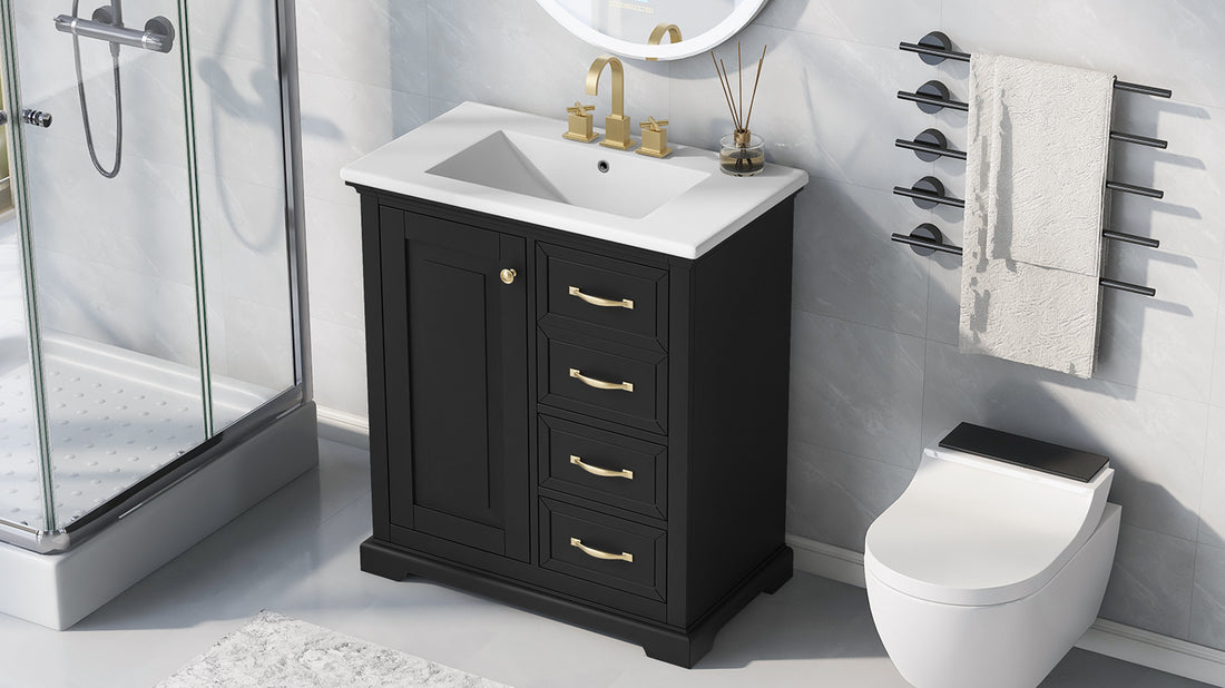 30" Bathroom Vanity With Sink, One Package, Black Bathroom Cabinet With Drawers, Solid Frame And Mdf Board Black Solid Wood Mdf