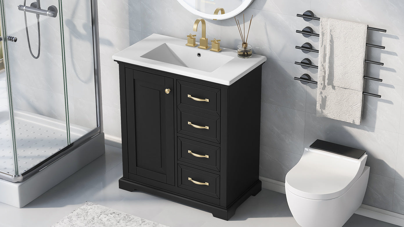 30" Bathroom Vanity With Sink, One Package, Black Bathroom Cabinet With Drawers, Solid Frame And Mdf Board Black Solid Wood Mdf