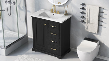 30" Bathroom Vanity With Sink, One Package, Black Bathroom Cabinet With Drawers, Solid Frame And Mdf Board Black Solid Wood Mdf