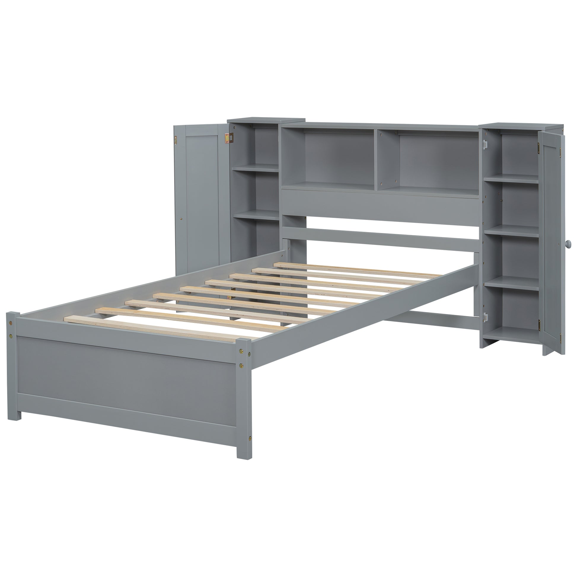 Twin Size Platform Bed With Storage Headboard And Lockers, Gray Twin Box Spring Not Required Gray Wood Bedroom Solid Wood Mdf