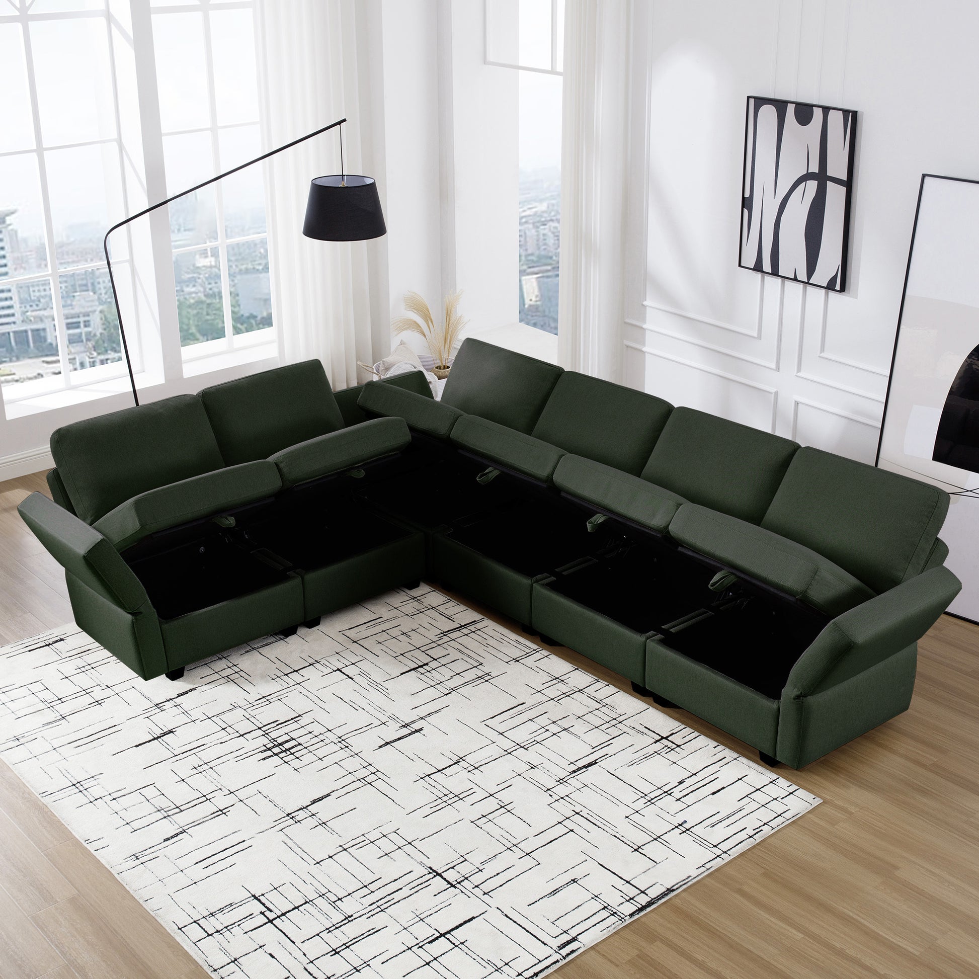L Shaped Modular Sectional Corner Sofa Couch, 6 Seat Modular Sectional Sofa With Chaise For Living Room, Adjustable Arms And Backs Green Green Polyester 6 Seat