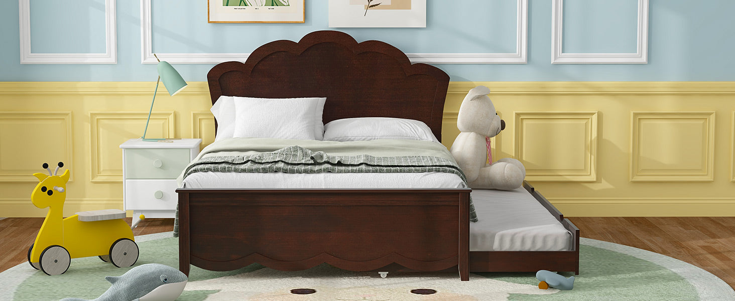 Full Size Wood Platform Bed With Headboard And Twin Size Trundle, Cappuccino Box Spring Not Required Full Cappuccino Wood Bed Frame Solid Wood Mdf