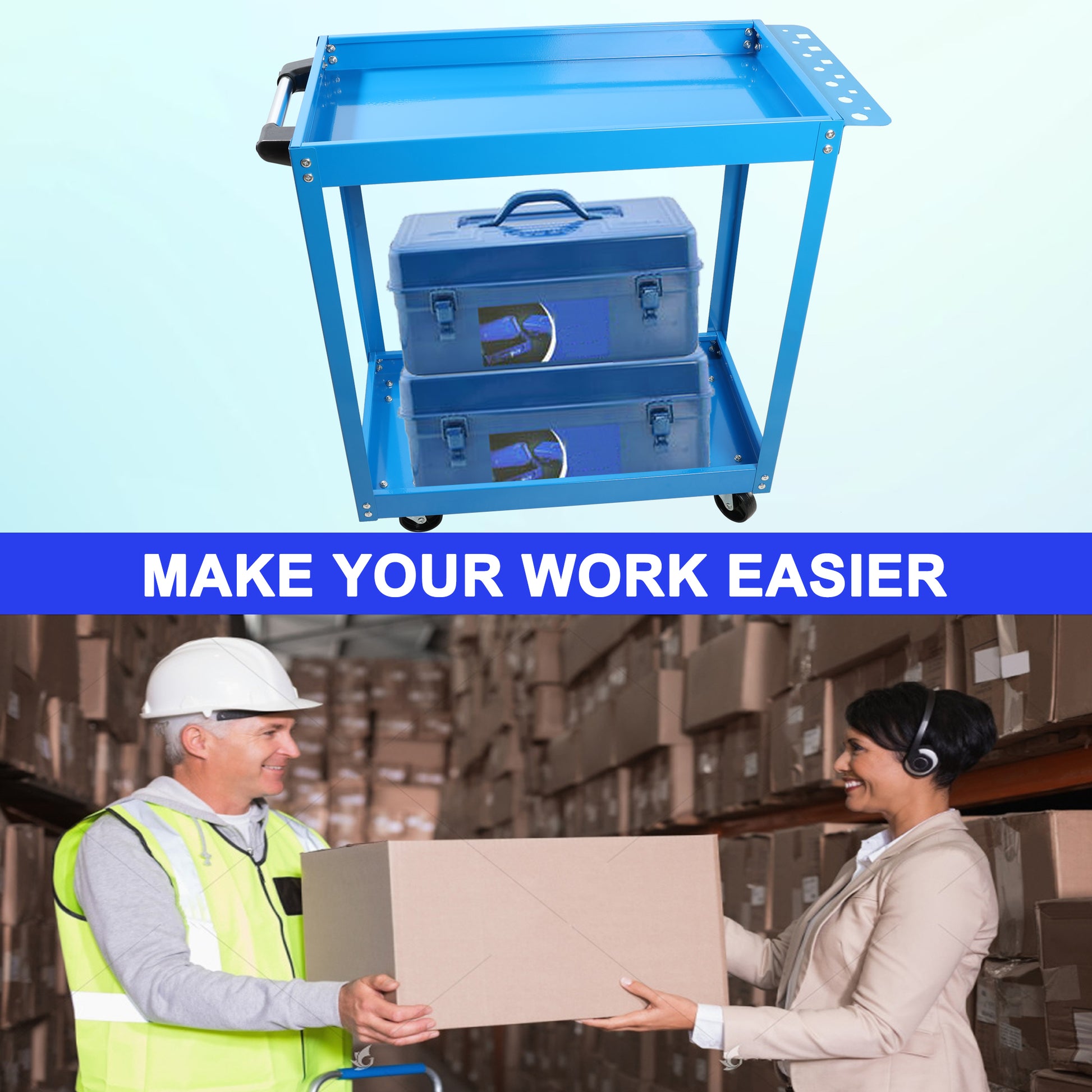 Tool Cart On Wheels, Heavy Duty Steel Utility Cart W Lockable Wheels, 400 Lbs Capacity Industrial Service Cart For Garage, Warehouse, Workshop Two Layer Bright Blue Blue Abs Steel Q235