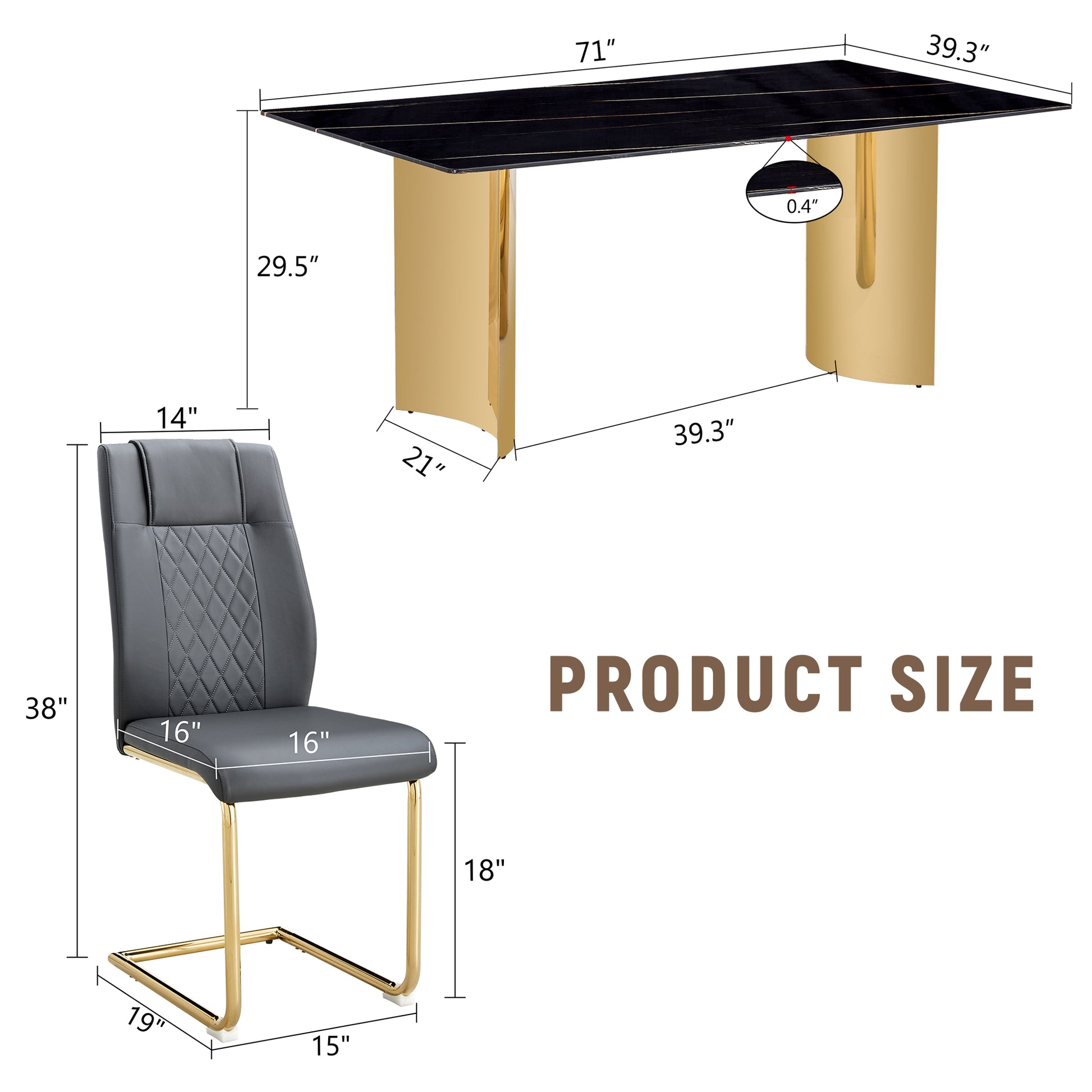 Table And Chair Set.The Table Has A Glass Tabletop With Imitation Marble Pattern Stickers And Stainless Steel Golden Table Legs. Paried With Comfortable Chairs With Pu Seats And Metal Legs. Gold Black Seats 6 Glass Metal