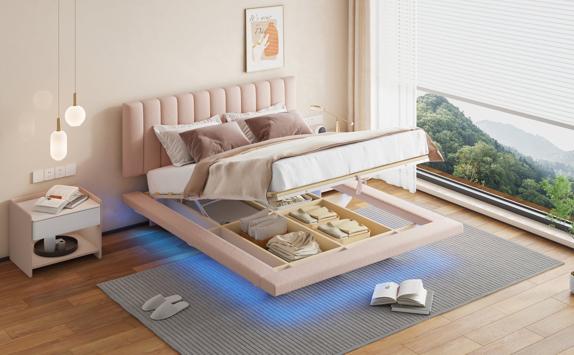 Queen Size Upholstered Floating Bed With Led Light And Usb Port, Velvet, Pink, Hydrualic Platform Bed Queen Pink Velvet