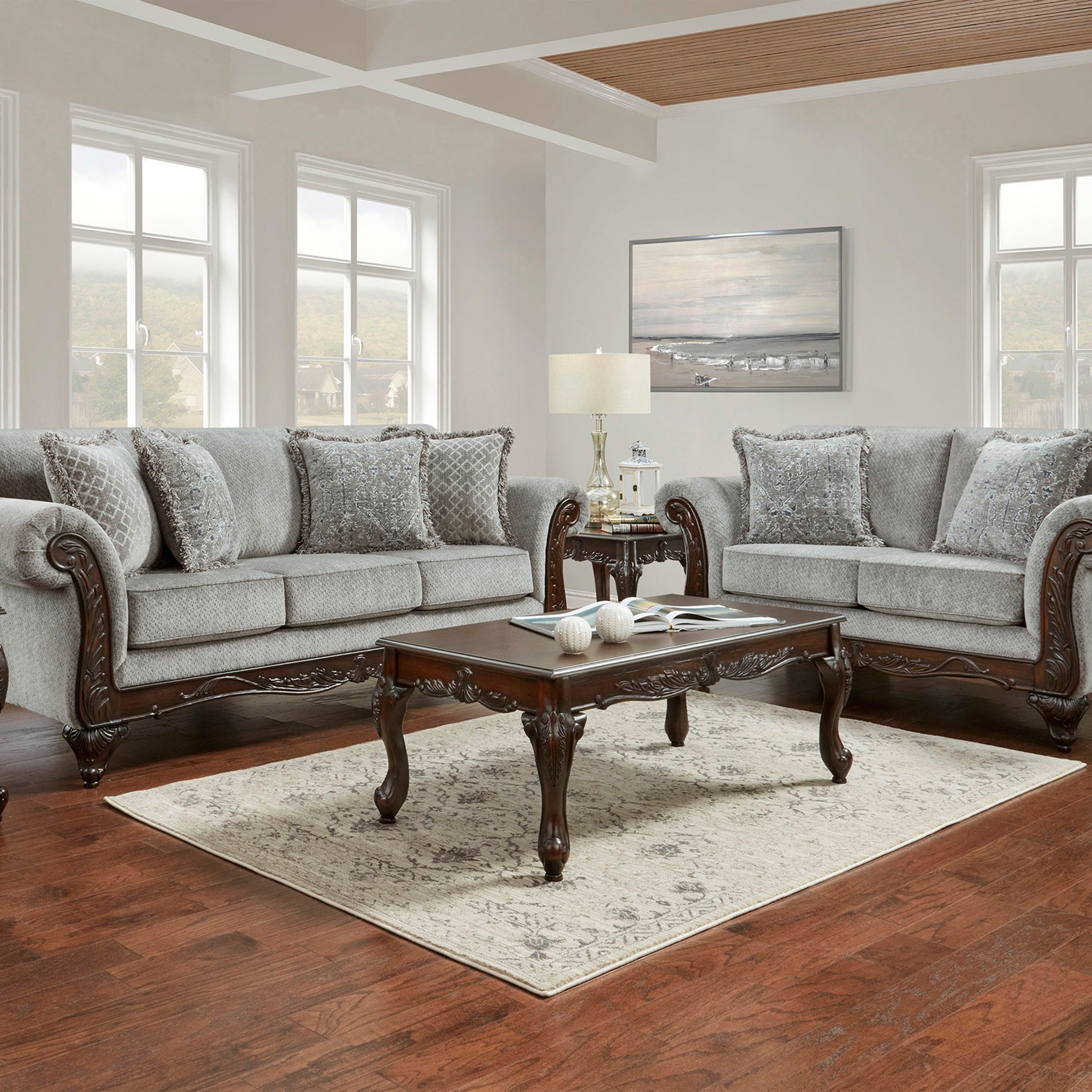 Hernen Carved Wood Frame Gray 5 Piece Living Room Set Gray Brown Faux Leather Wood Primary Living Space Cushion Back Rolled Arms Wood Fabric 5 Seat