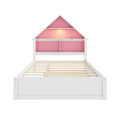 Full Size House Shaped Bed With Bookcase Headboard And Led Light And Twin Size Trundle For Kids Boys Girls, Pink White Box Spring Not Required Full White Pink Wood Bedroom Cute Bed Frame Wood