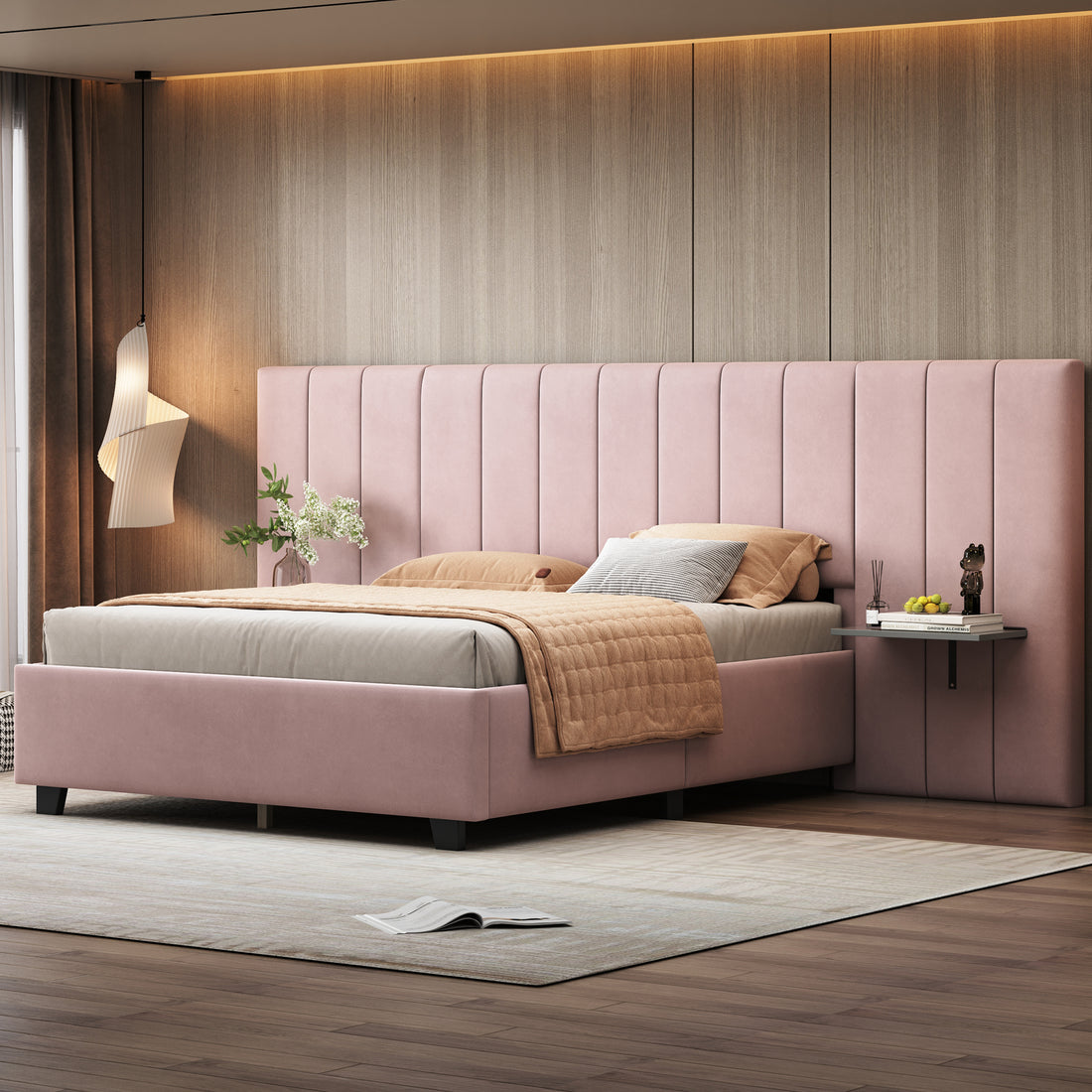 Full Size Upholstered Platform Bed With Big Headboard, Bedroom Furniture, Velvet, Pink Full Pink Plywood