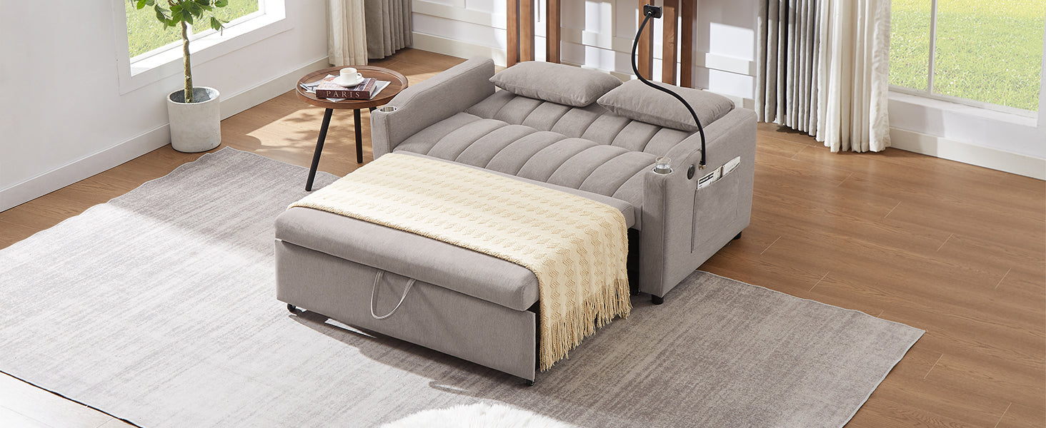 55.9" Convertible Sofa Bed Loveseat Sofa With Three Usb Ports, Two Side Pockets, Two Cup Holders And 360 Swivel Phone Holder For Living Room, Light Grey Light Grey Foam Polyester