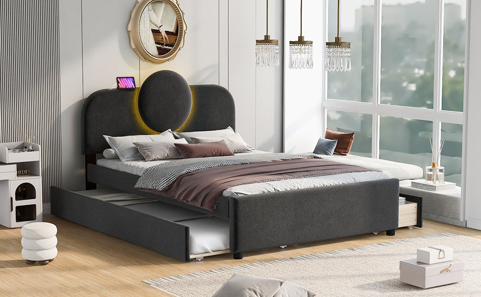 Full Size Upholstered Platform Bed With Multi Functional Led Headboard, Trundle And 2 Drawers, Gray Box Spring Not Required Full Gray Wood Bedroom Upholstered