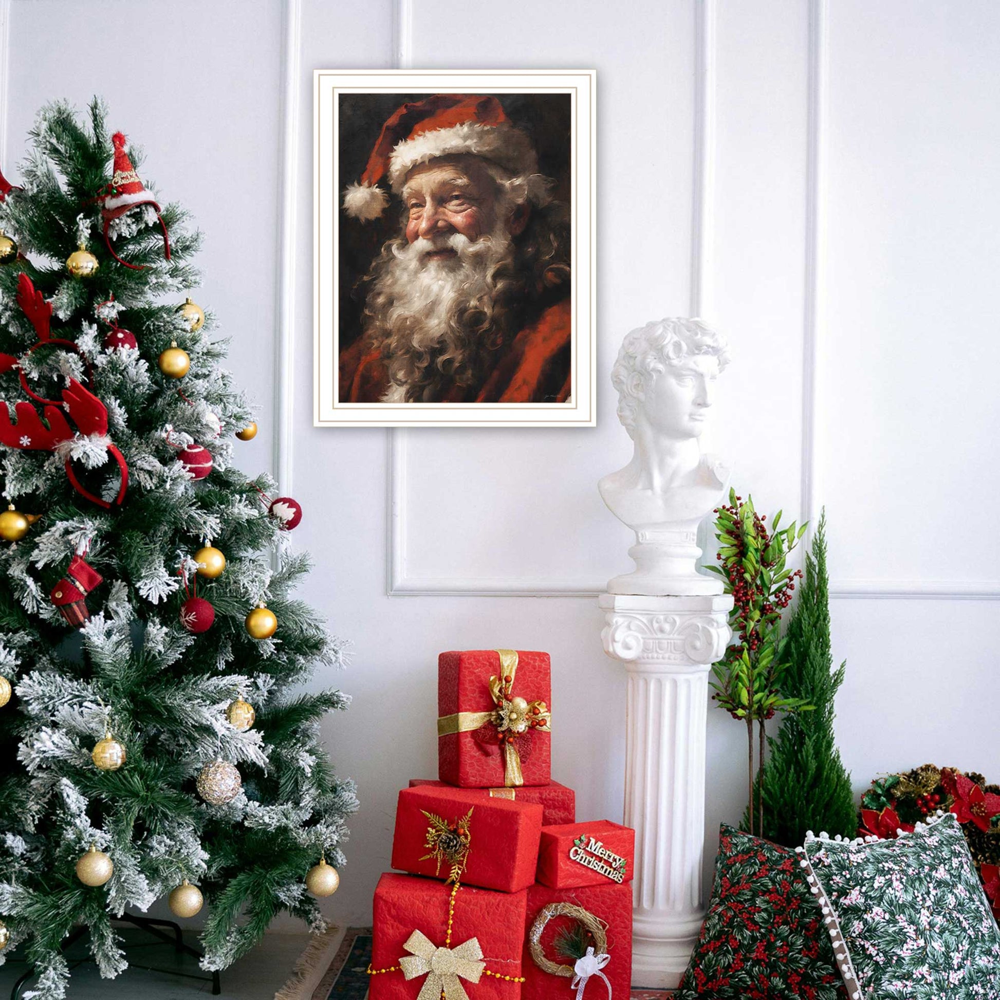 Papa Noel White Framed Wall Art For Living Room, Holiday Wall Art Print For Home Decor, Bedroom Wall Art By Jo Moulton Multicolor Wood Paper