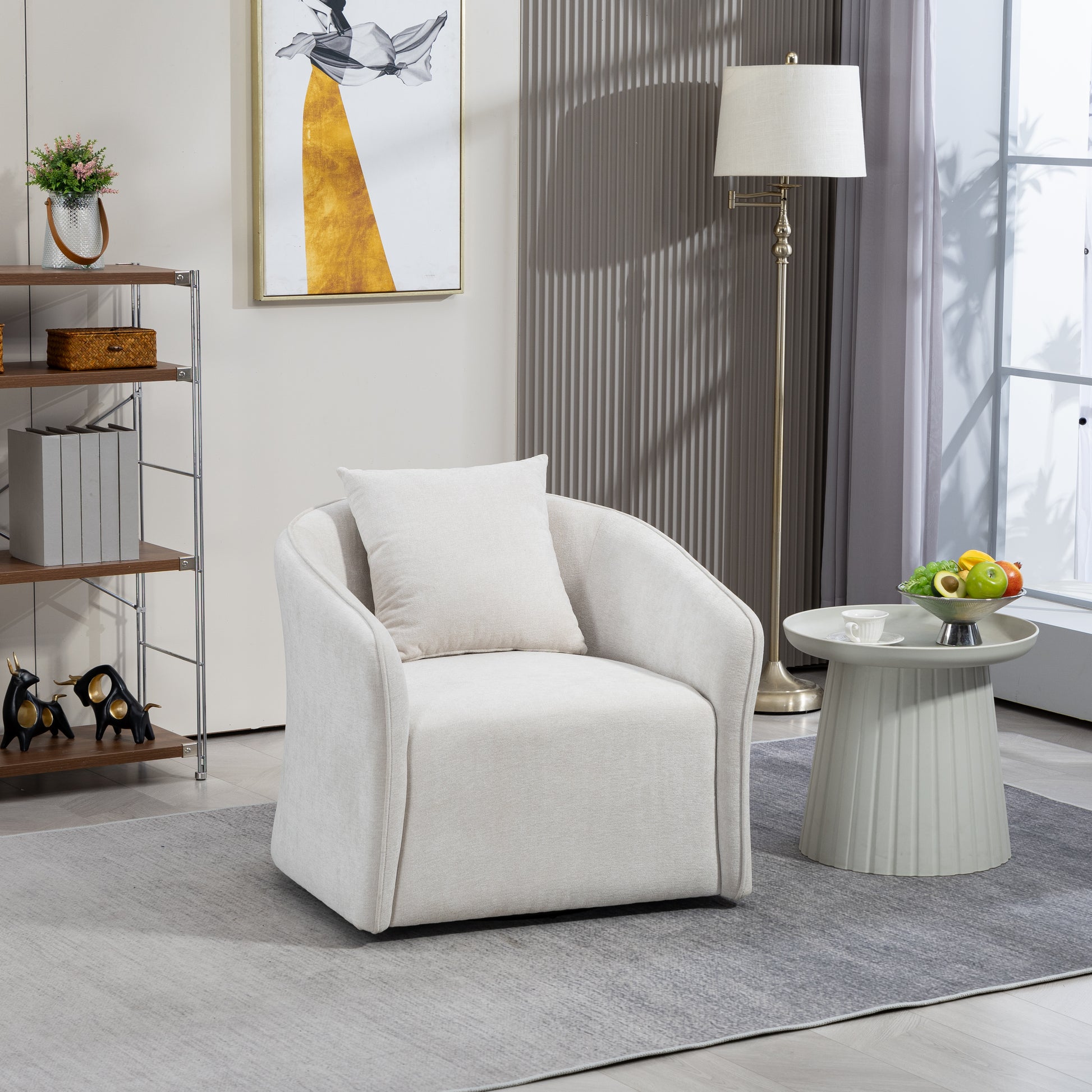 Mid Century Modern Accent Chair With Wood Frame, Upholstered Swivel Chair For Living Room Chairs With Waist Cushion, Reading Armchair For Bedroom Sunroom White Bedroom Modern Foam Velvet