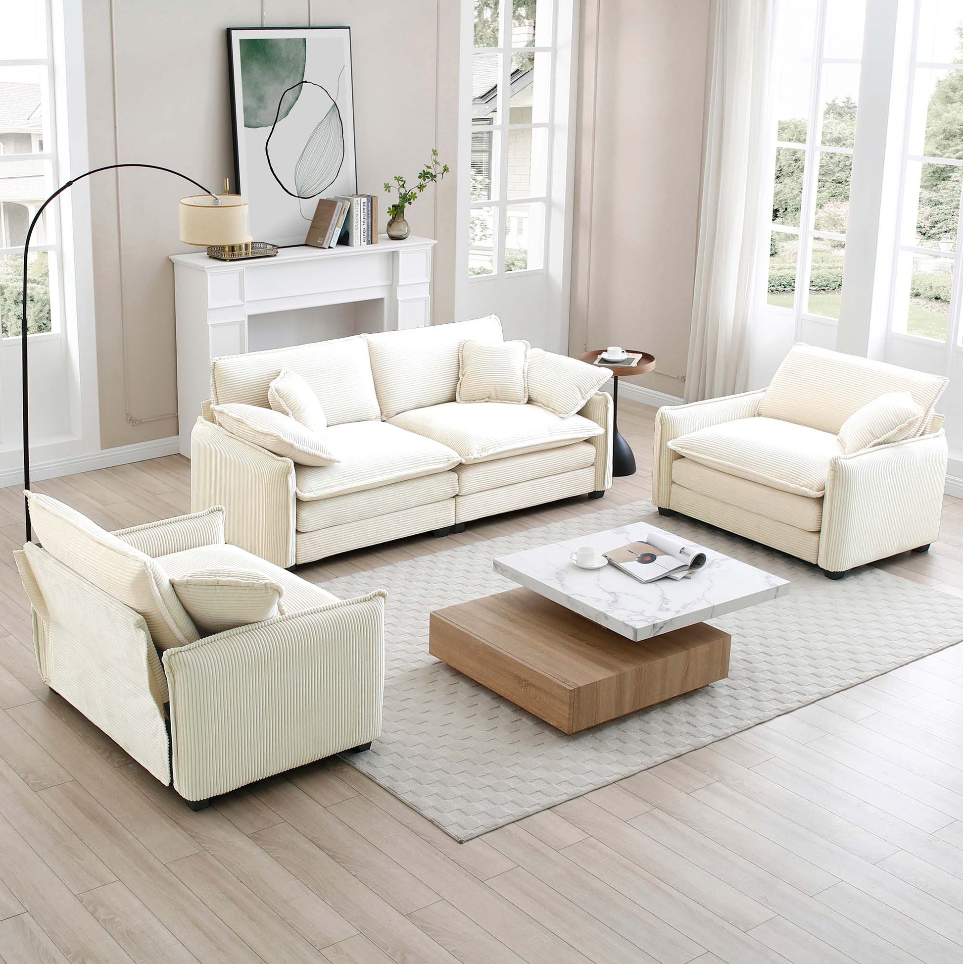 Luxurious And Sophisticated Sofa Set With Soft Cushions And Pillows, Sofa Set For Living Rooms And Clubs As Well As Home Theaters, Consisting Of Two Single Sofas And A 2 Seaters Sofas In Beige Cordur Beige Corduroy 4 Seat