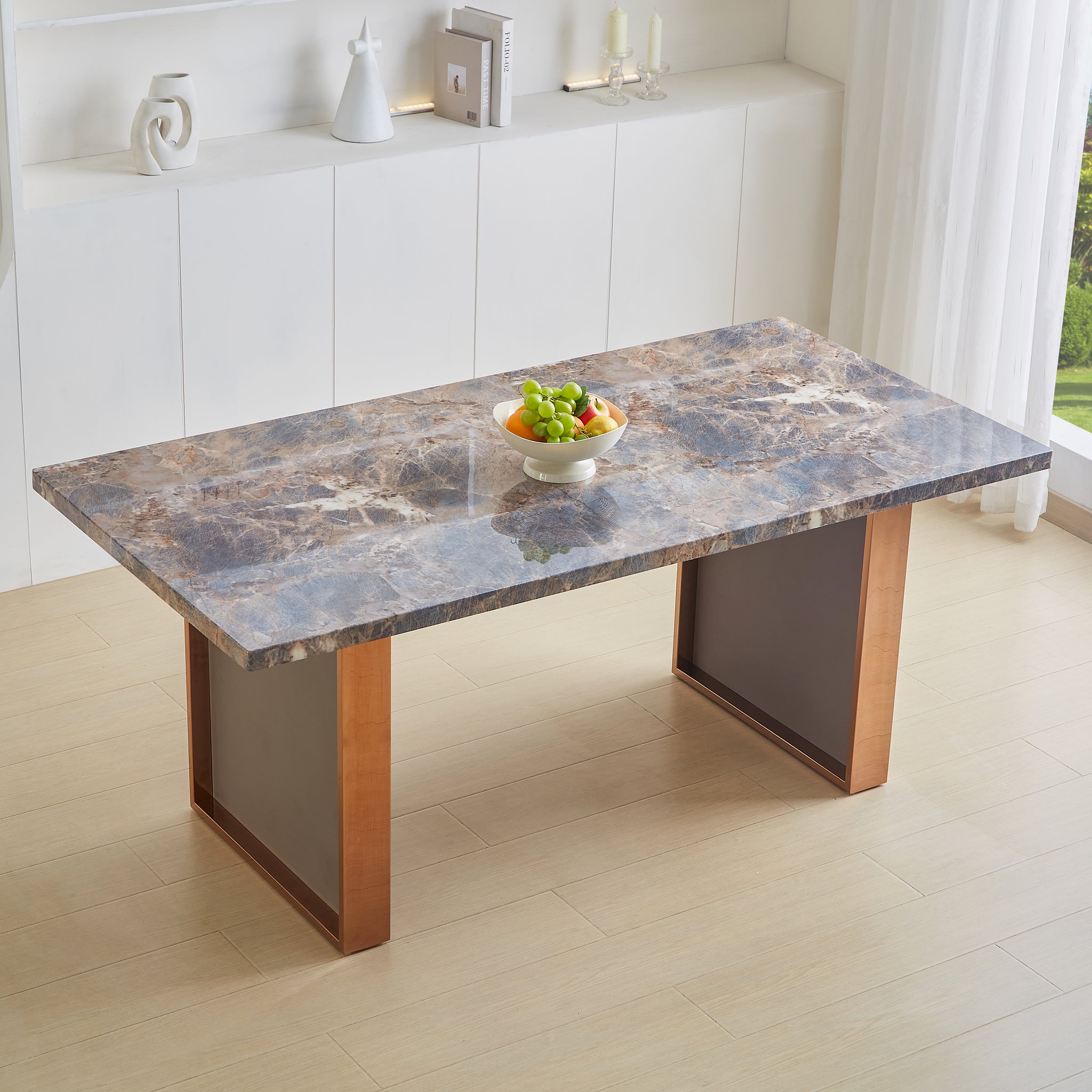 Faux Marble Mdf Dinning Table For 6 Or 8,Rectangular 70.8"L*35.4"W*29.8"H, Luxurious Rocky Stone Effect Top Stainless Steel Legs Modern, Durable, Easy To Assemble For Kitchen Living Room Meeting Brown Brown Grey Seats 6 Gray Ergonomic Desk And Hutch
