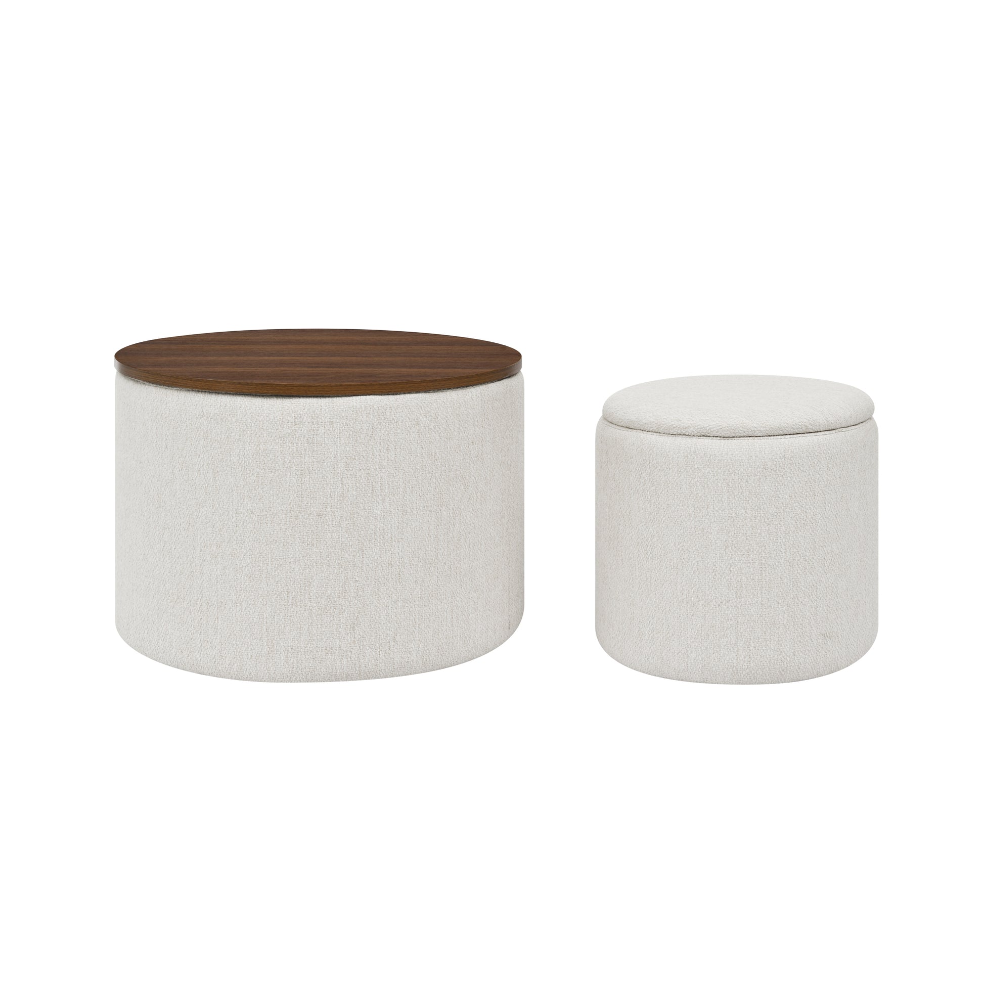 2 Piece Set Round Chenille Storage Ottoman, Equipped With A Drum Shaped Small Stool, Storage Space, And Mdf Made Desktop Panel Beige 23.62"X23.62"X16.53" Beige Chenille