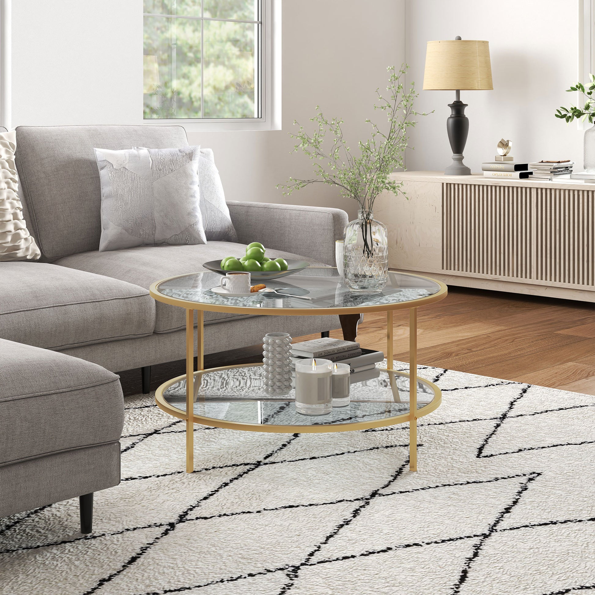 Homcom Side Table With Storage, 32" Round End Table, 2 Tier Tempered Glass Coffee Table With Steel Frame For Living Room, Gold Gold Glass Metal