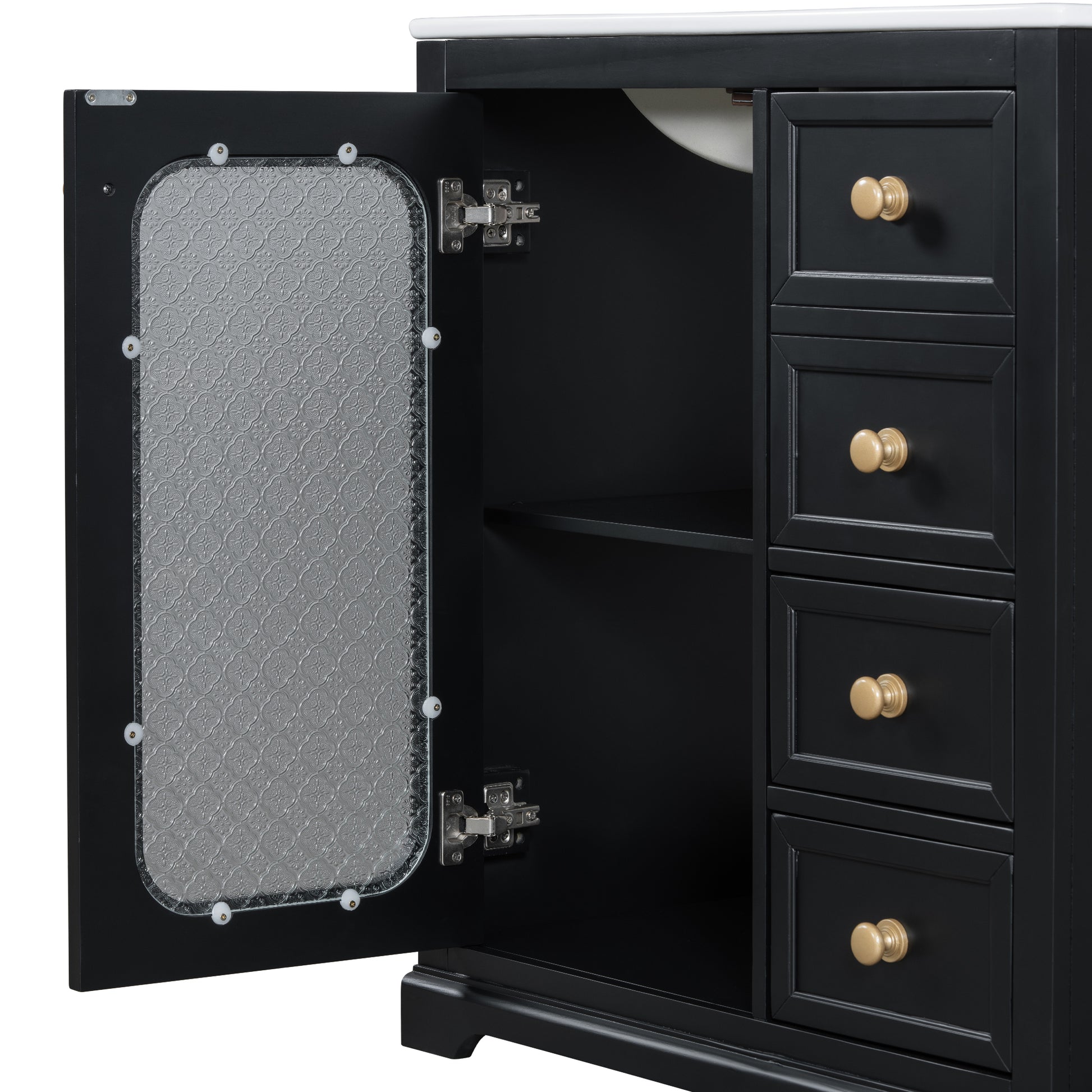 30 Inch Bathroom Vanity With A Soft Close Glass Door, Adjustable Shelves, And Three Drawers Black Bathroom Solid Wood Mdf Glass