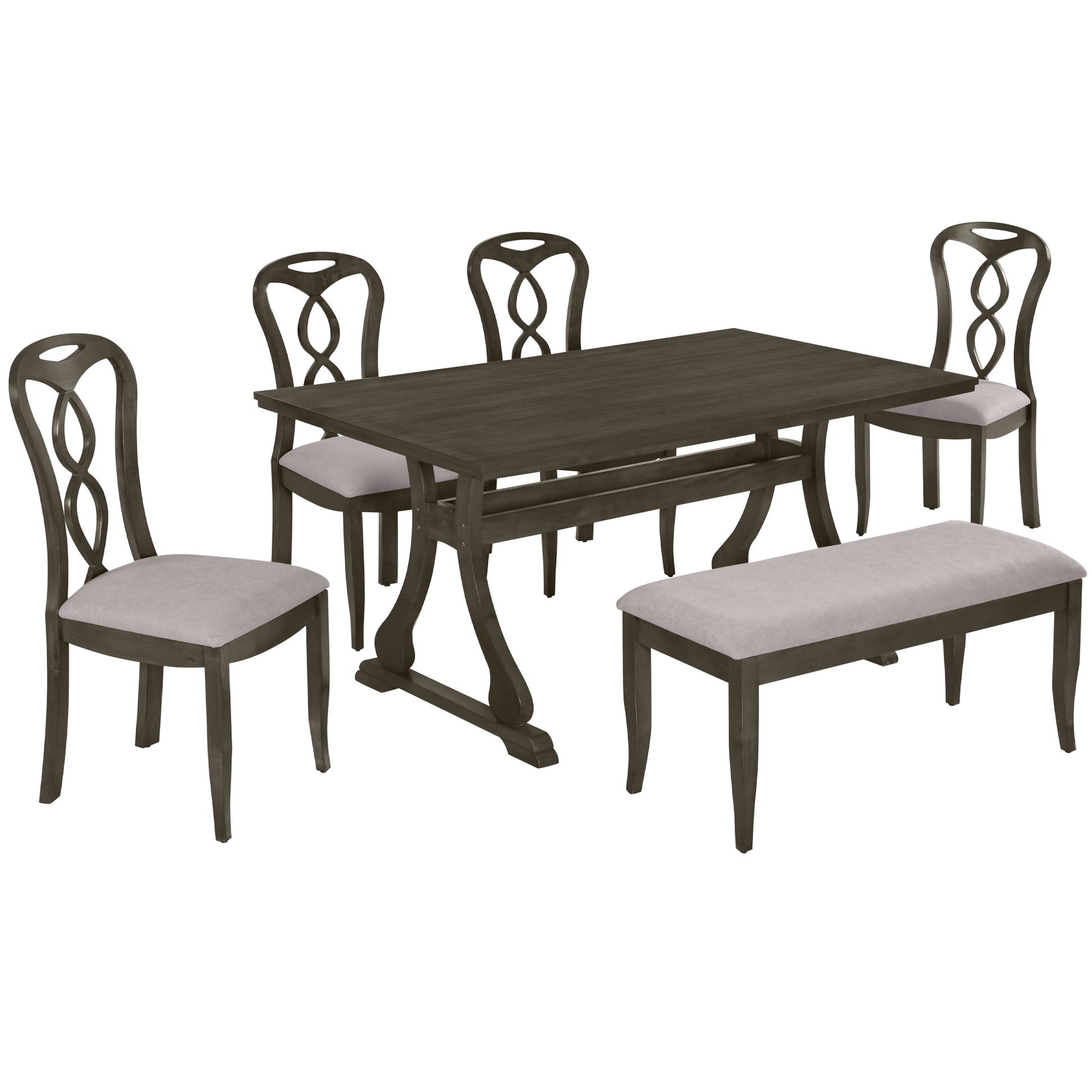 Retro 6 Piece Trestle Dining Table Set With Upholstered Dining Chairs And Dining Bench, Smooth Dining Backs For Dining Room, Living Room, Kitchen, Gray Gray Wood Dining Room Solid Wood Rubberwood Rectangular Dining Table With Chair And Bench Upholstered