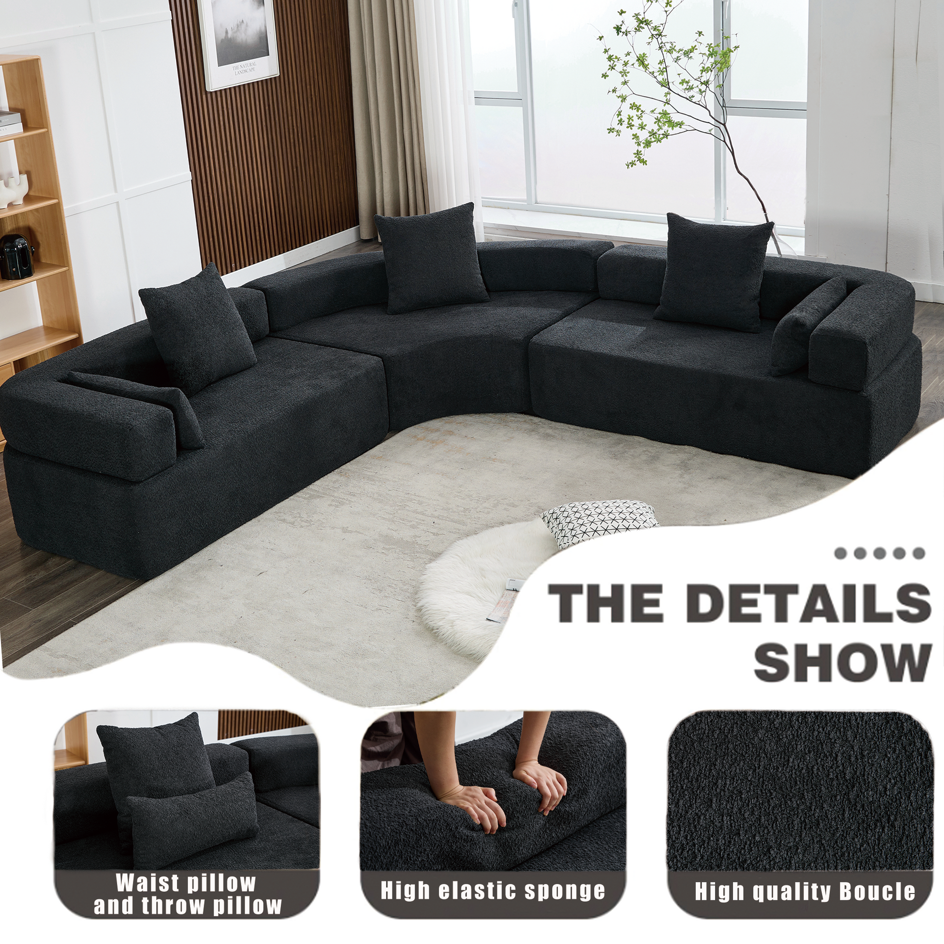 Arrived Oversized Combination Sofa,Curved Sofa,Upholstered 4 Seater Couch For Living Room, Modern Modular 3 Piece Free Combination, Semicircular Modular Sofaboucle, Black Black Polyester Primary Living Space Soft Tight Back Modern Square Arms Foam