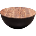 28 Inch Storage Coffee Table, Round Drum Silhouette, Brown Wood, Black Base Black Brown Wood