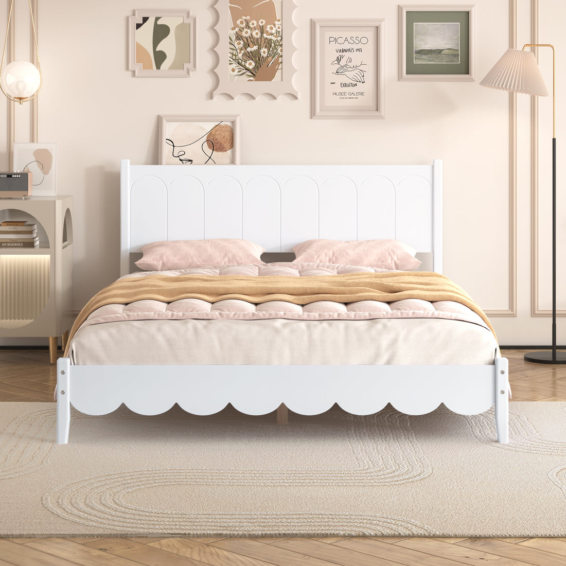 Queen Size Wood Platform Bed Frame, Retro Style Bed With Rectangular Headboard,No Need Box Spring,White Queen White Wood