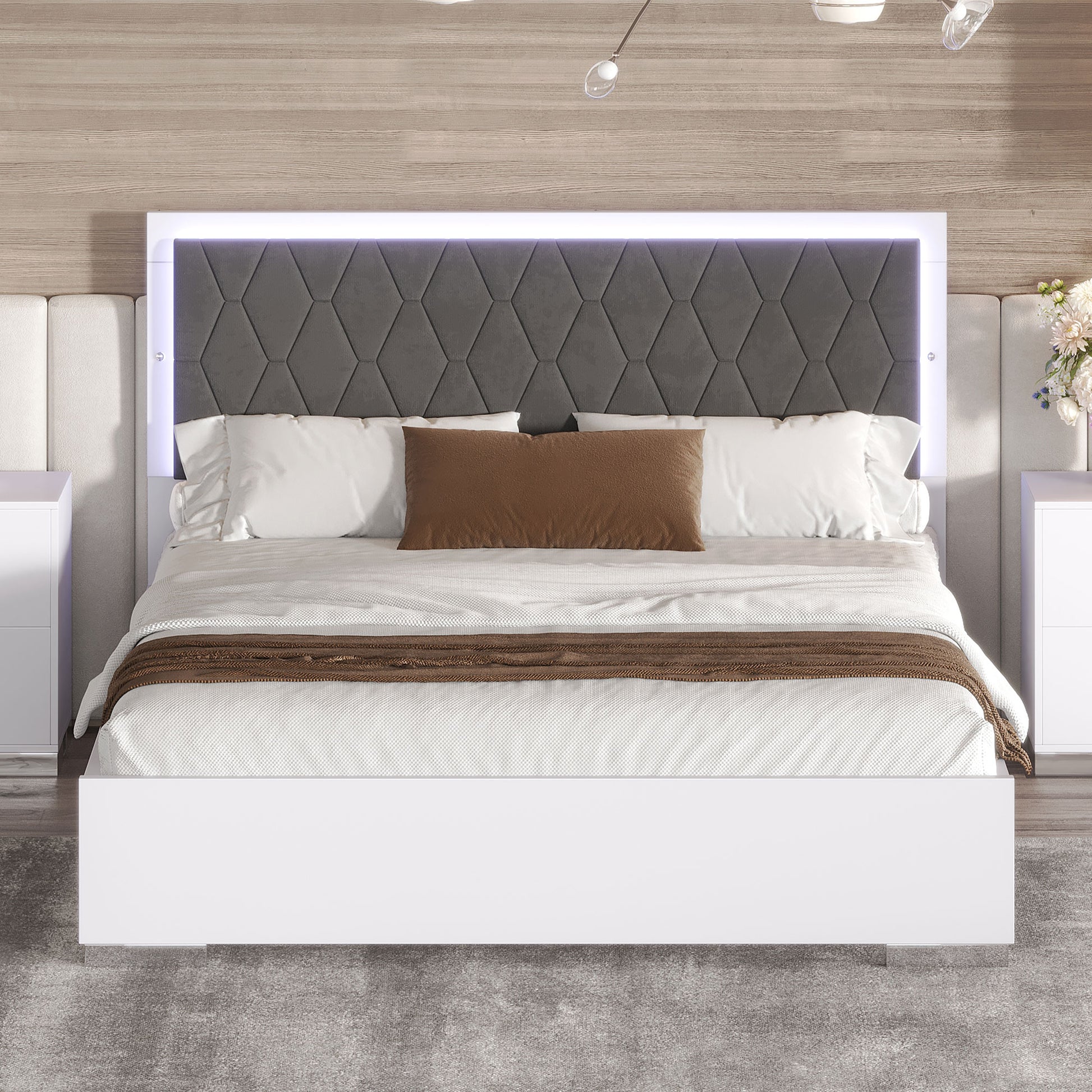 Queen Size Upholstered Bed With Led Light,Modern Platform Bed With With Velvet Headboard,White Queen White Mdf
