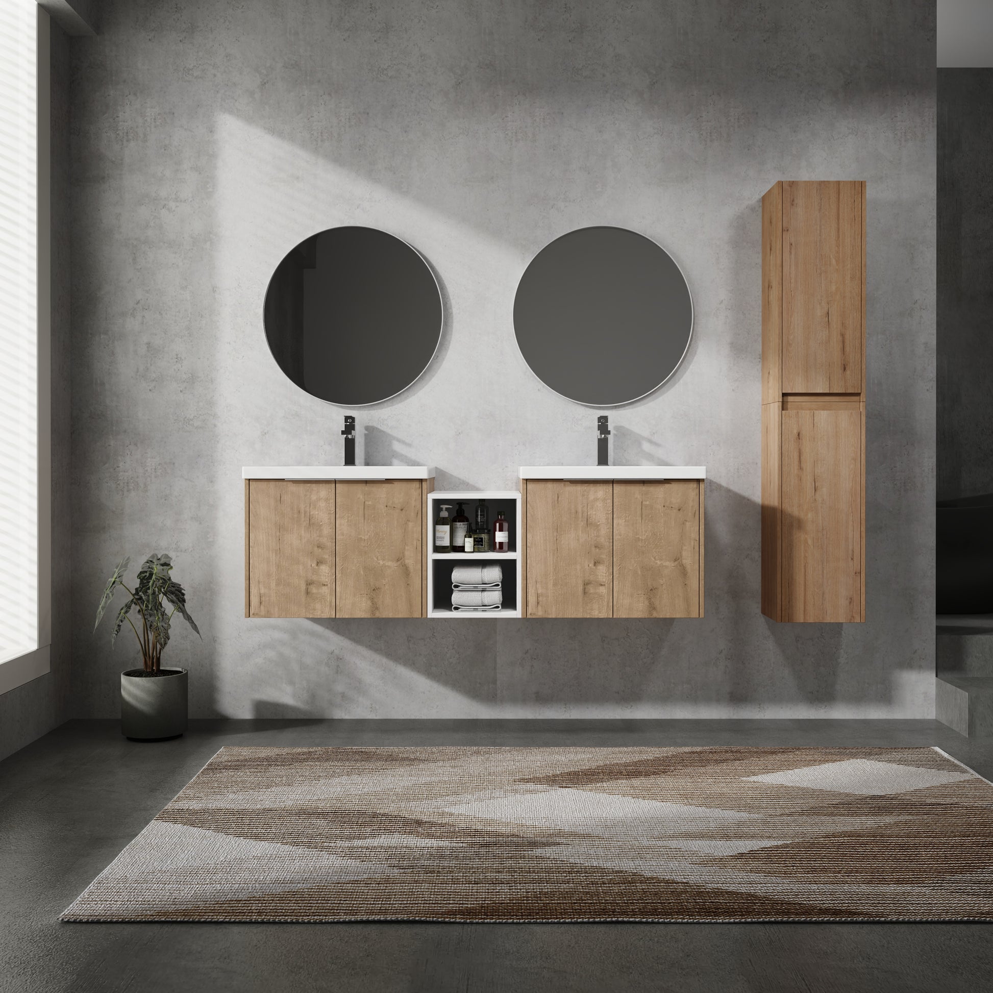 60" Wall Mounted Bathroom Vanity With Sink And Side Cabinet, Soft Close Doors,00112Imox2 0624Imox2 0612Gwh Combination Cabinet Kd Packing Imitative Oak Bathroom Modern Plywood Plywood