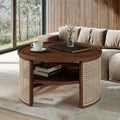 2 Tiered Round Walnut Wood Coffee Table With Storage Rattan Base In 31.3'' Walnut Rubber Wood