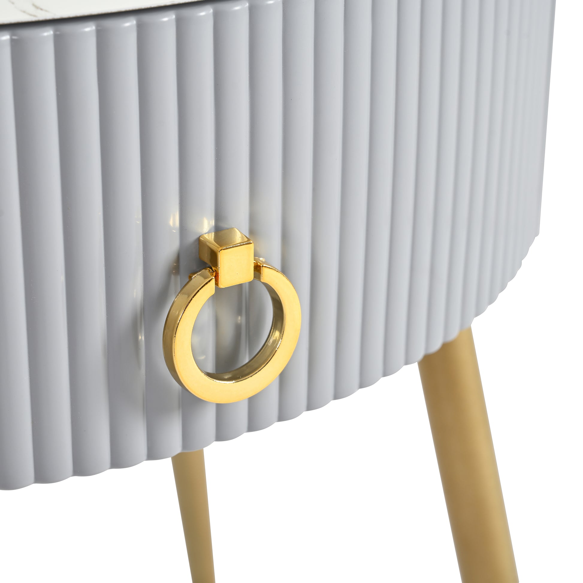 19.6'' Easy Assembly End Tables With High Gloss Faux Marble Tabletops, Set Of 2, Modern Fluted 2 Side Tables With Drawers, Round Coffee Tables With Golden Legs For Living Room, Grey Grey Gold Primary Living Space Drawers Round Mdf Iron