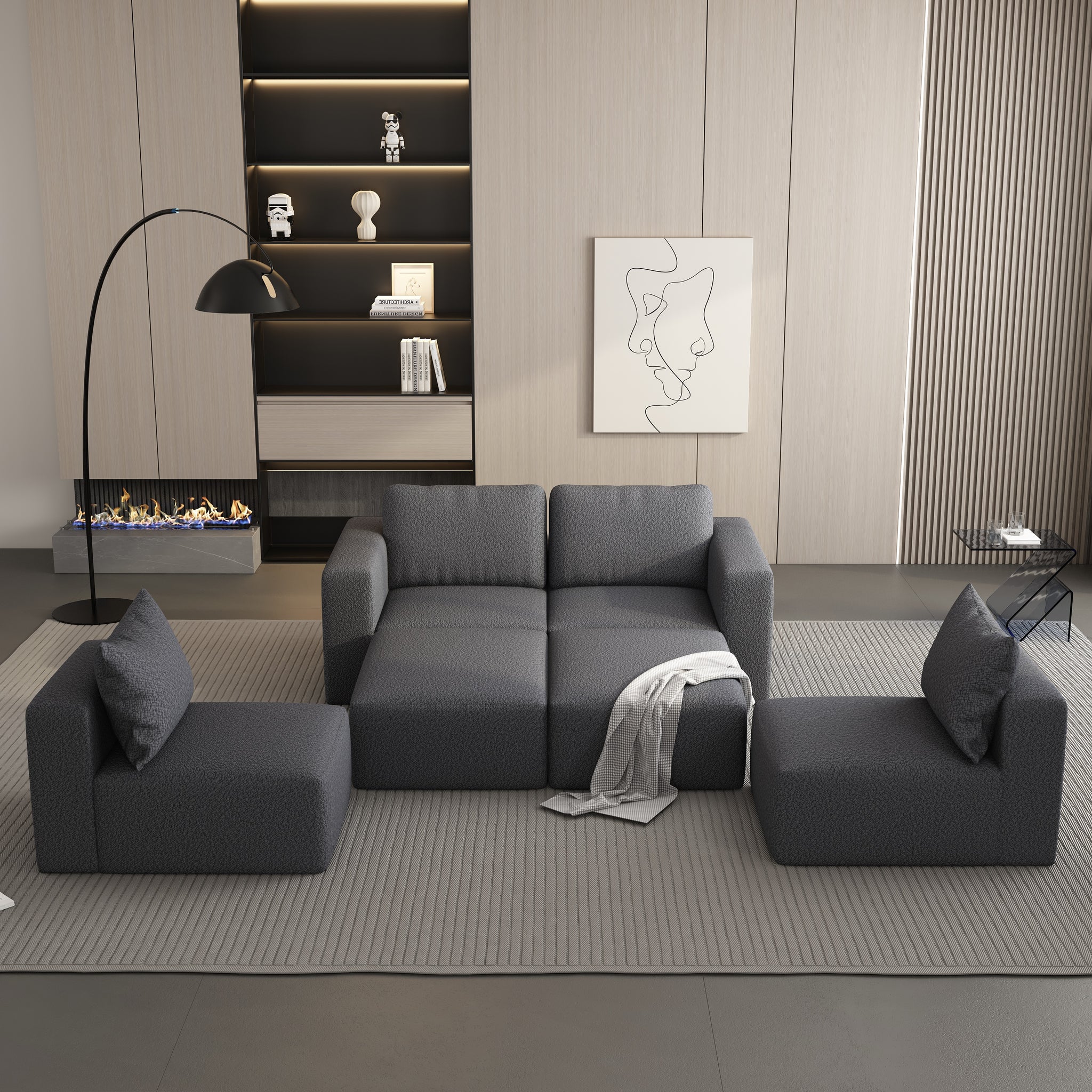 104.32*74.8 Modular Sectional Sofa Sleeper Couch, Sectional Sofa With Chaise And Ottoman, Convertible U Shaped Modular Sofa Set. Compressed Sponge, Dark Grey. Combo 2A 2B 2D Dark Grey Primary Living Space Soft Minimalist,Modern Foam Spring 6 Seat