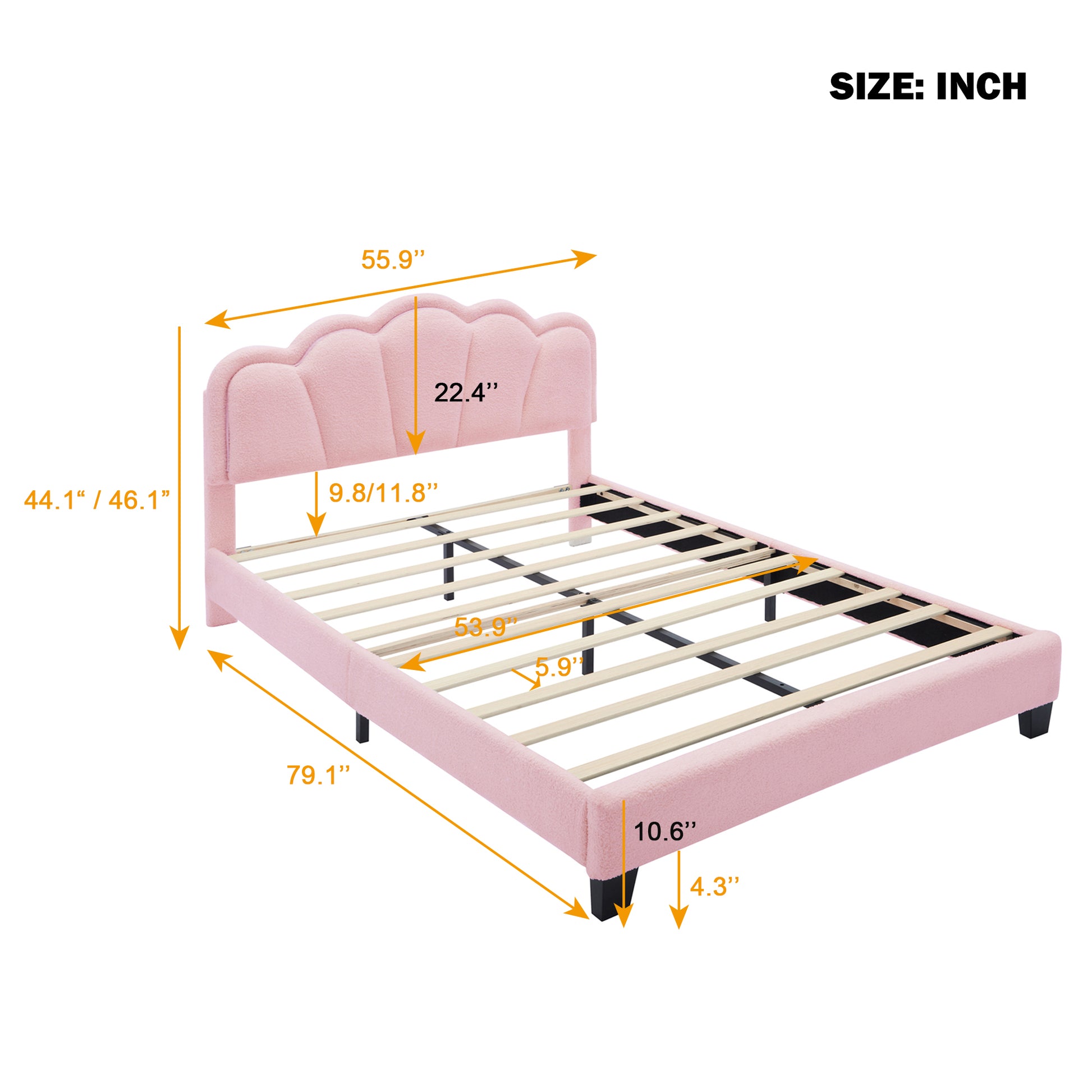 Full Size Upholstered Flower Shape Bed, Elegant Flowers Headboard With Led Light Strip ,Sherpa Fabric Platform Bed With Wooden Slats Support, Pink Full Pink Wood