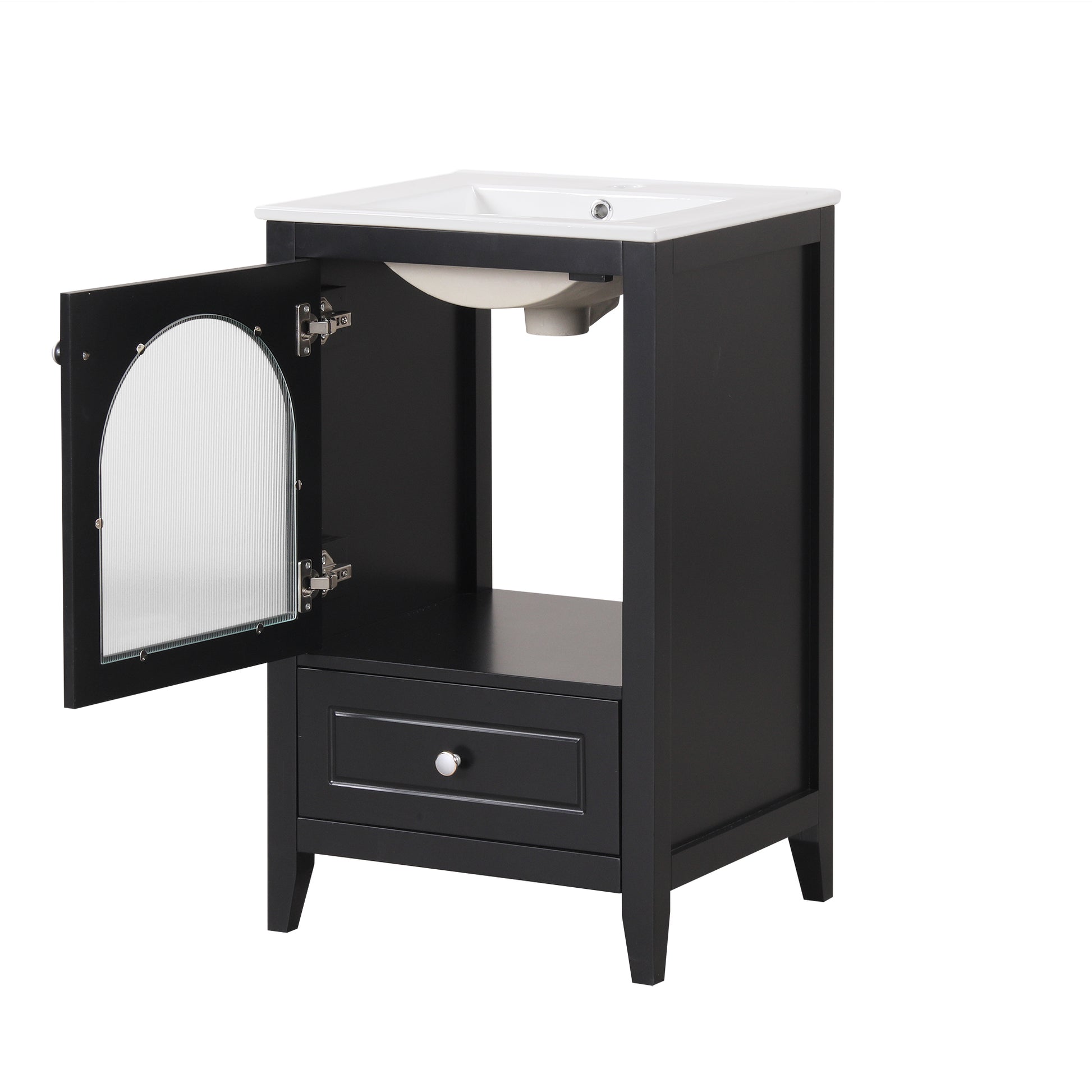 20" Bathroom Vanity With Sink, Bathroom Cabinet With Soft Closing Glass Door, A Drawer, Black Black Mdf