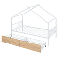 Twin Size Metal House Bed With Two Drawers, White Twin White Metal