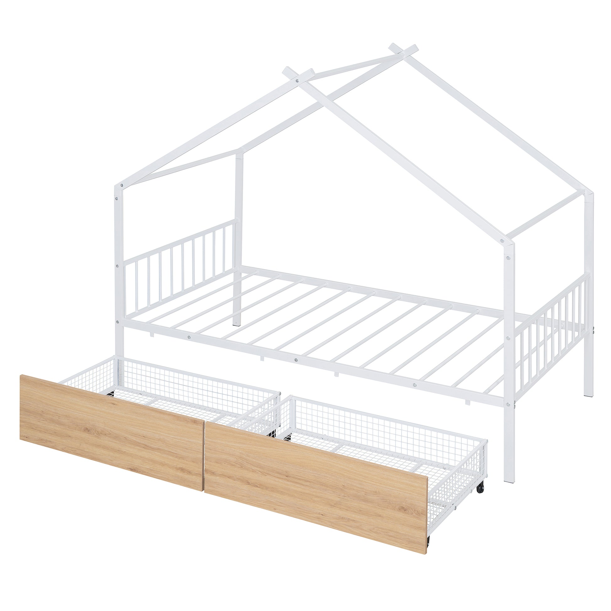 Twin Size Metal House Bed With Two Drawers, White Twin White Metal