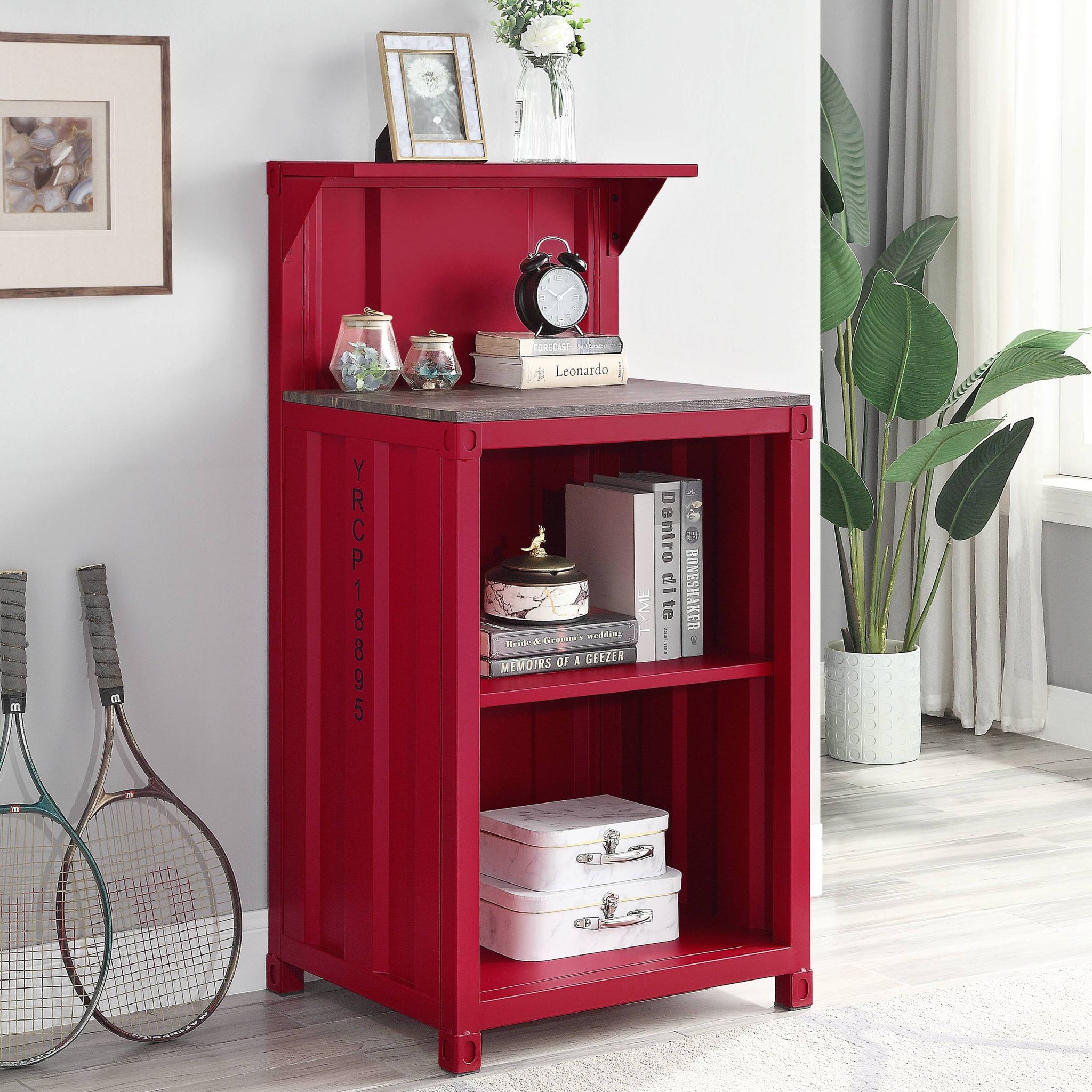 Red 3 Shelf Reception Desk Red Computer Desk Office Freestanding Rectangular Shelves Wood Metal