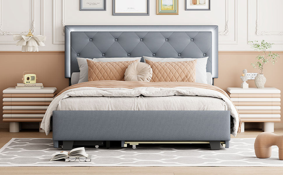 Queen Size Velvet Storage Platform Bed, With 2 Big Drawers, Twin Xl Size Trundle And Led Light, Gray Gray Velvet