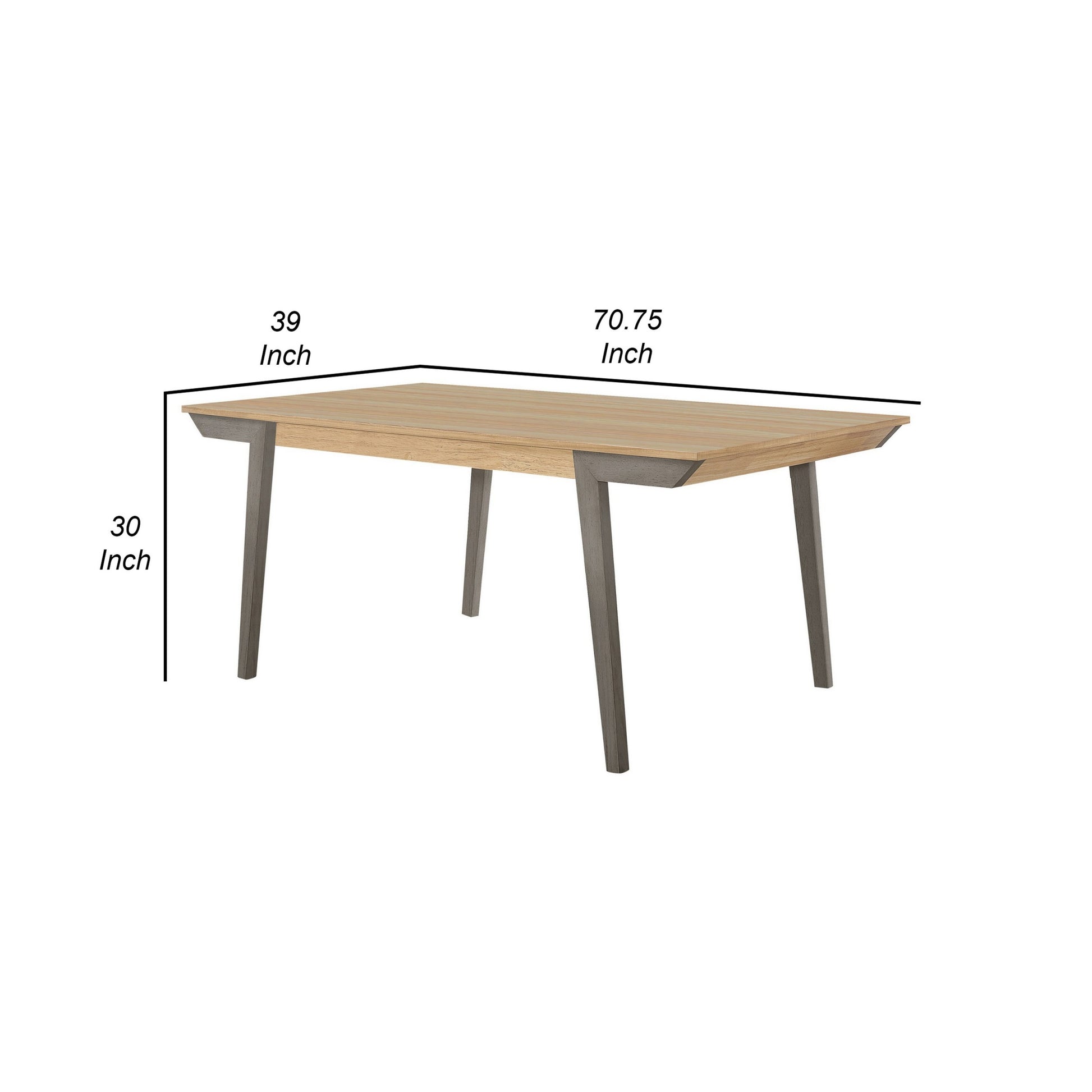 71 Inch Dining Table, Natural Brown Top, Farmhouse Style, Gray Flared Legs Brown Wood