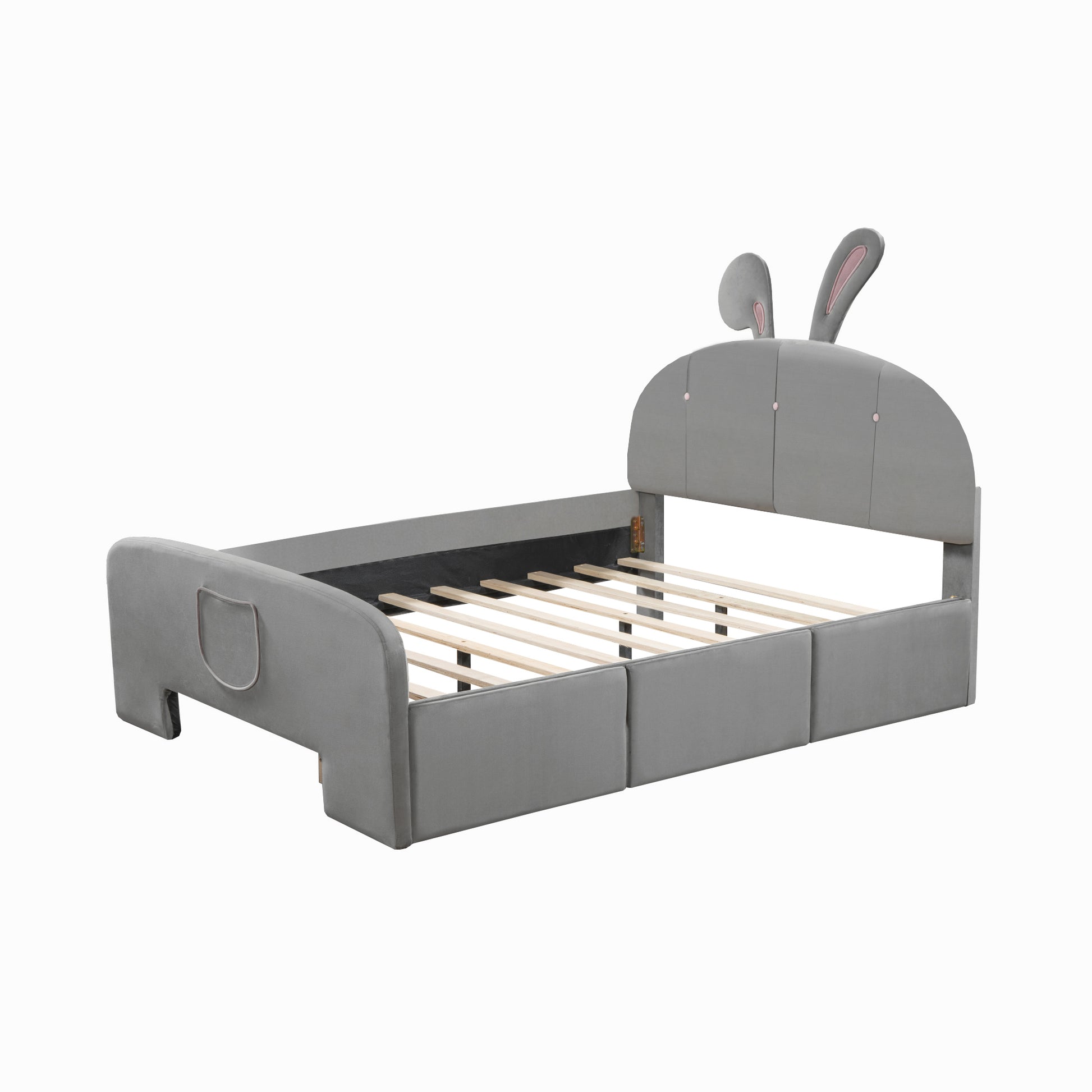 Full Size Velvet Platform Bed With Rabbit Shaped Headboard, With Drawers, With Bed End Storage Pocket, Gray Full Gray Plywood