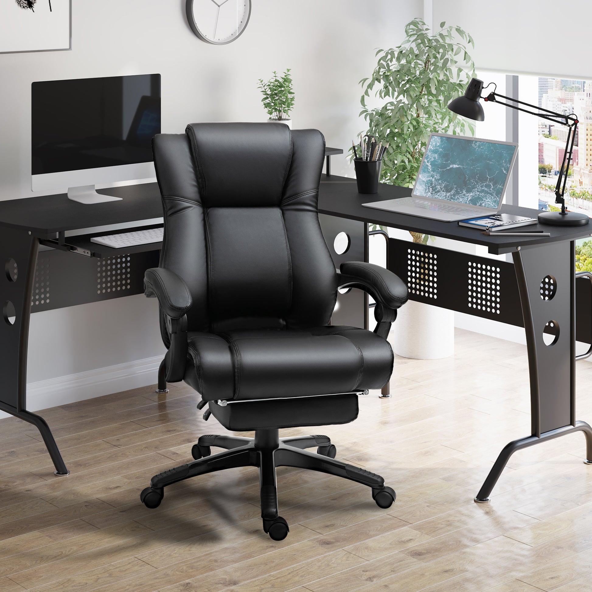 Vinsetto Executive High Back Office Chair Executive Computer Desk Chair With Pu Leather, Adjustable Height And Retractable Footrest, Black Black Pu Leather