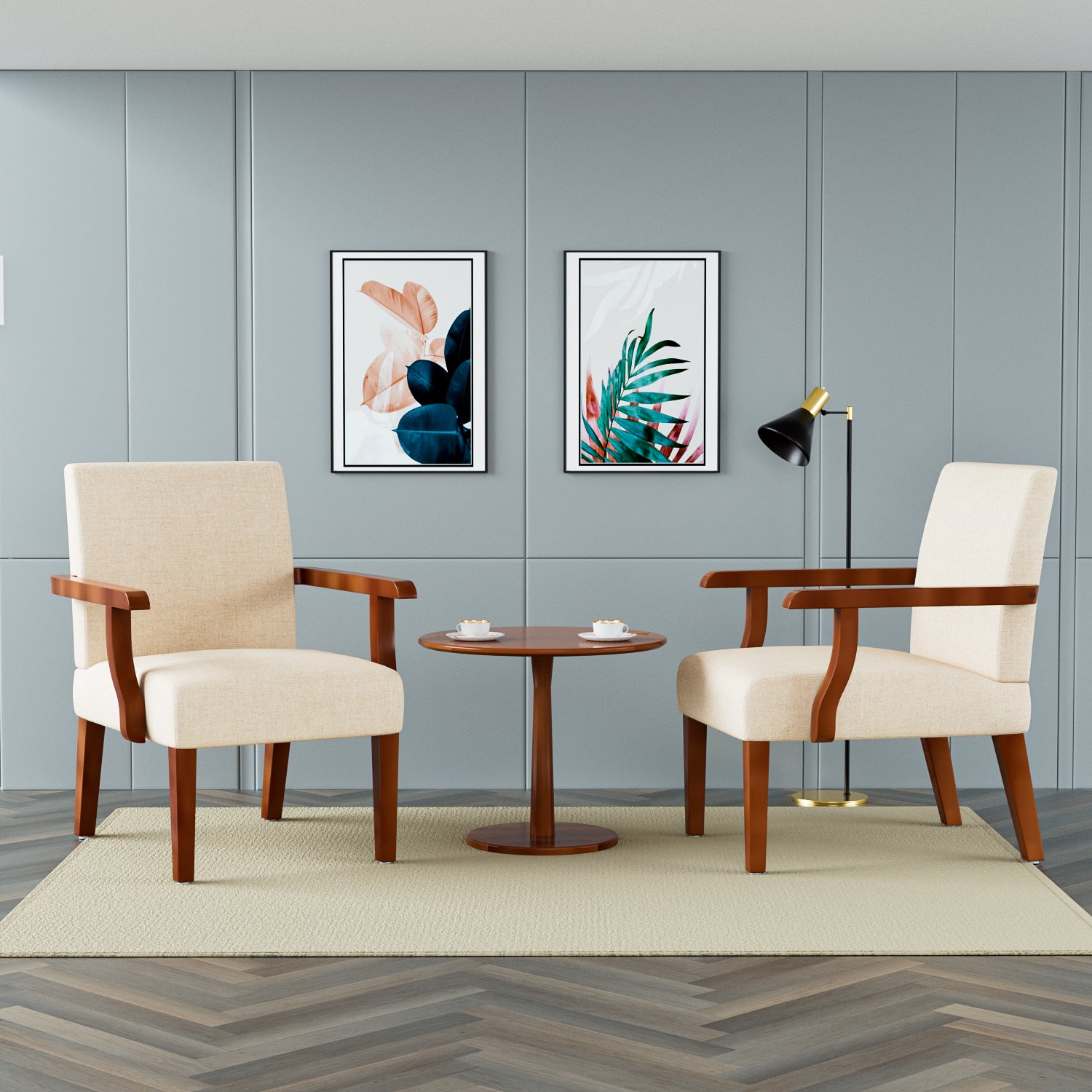 Fabric Accent Arm Chair Set Of 2 With Round Wood Table Beige Fabric