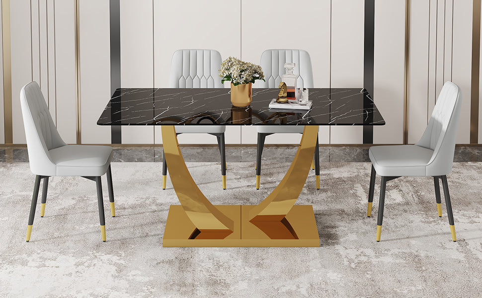 Table And Chair Set.Modern Rectangular Dining Table With Black Textured Stickers Glass Tabletop And Gold Plated Metal Legs.Paried With 4 Comfortable Chairs With Pu Seats And Black Metal Legs. Black Gold,Light Gray Seats 4 Glass Metal
